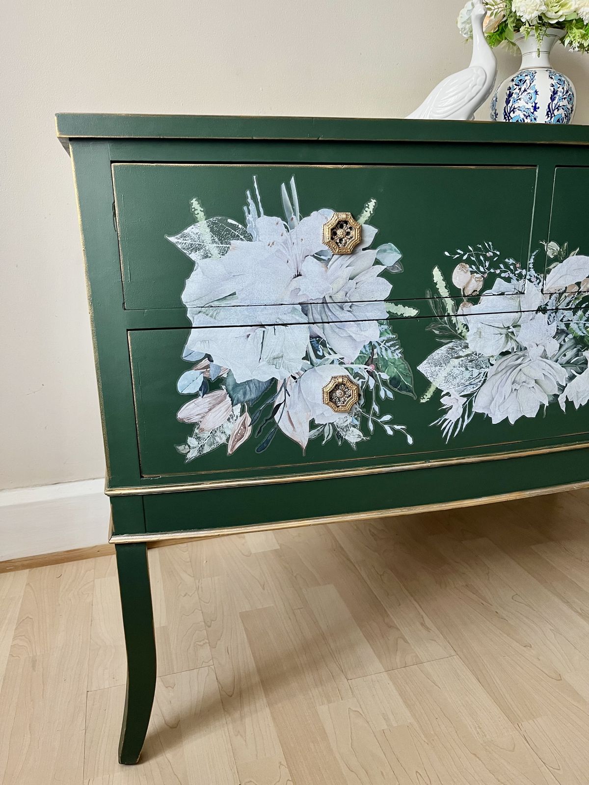 Stunning Green & Floral Chest Of Drawers, Hand Painted photo furniture