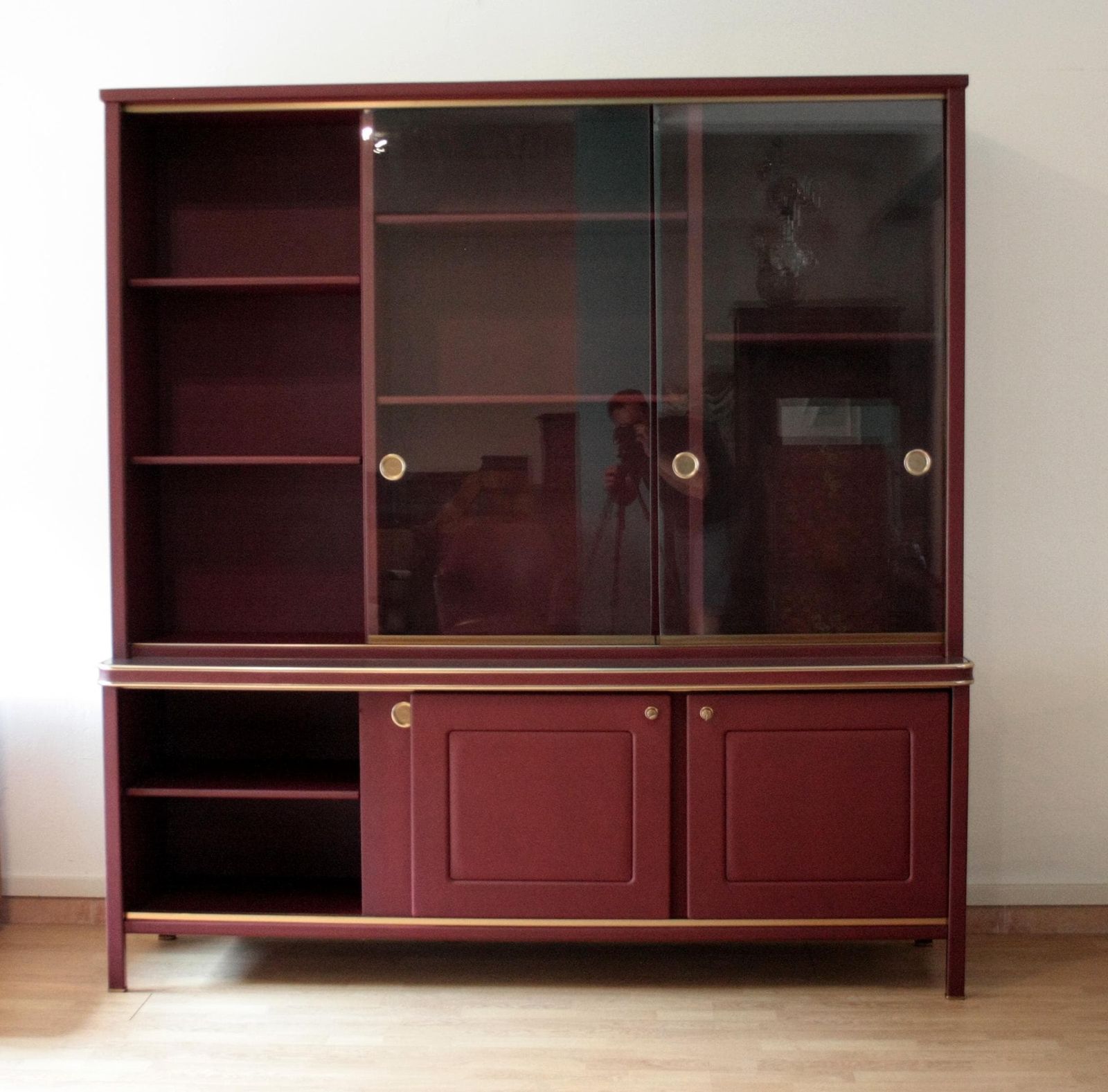 Sideboard Or Double Body Bookcase Covered In Burgundy Imitation Leather By Umberto Mascagni, 1950s photo for sale