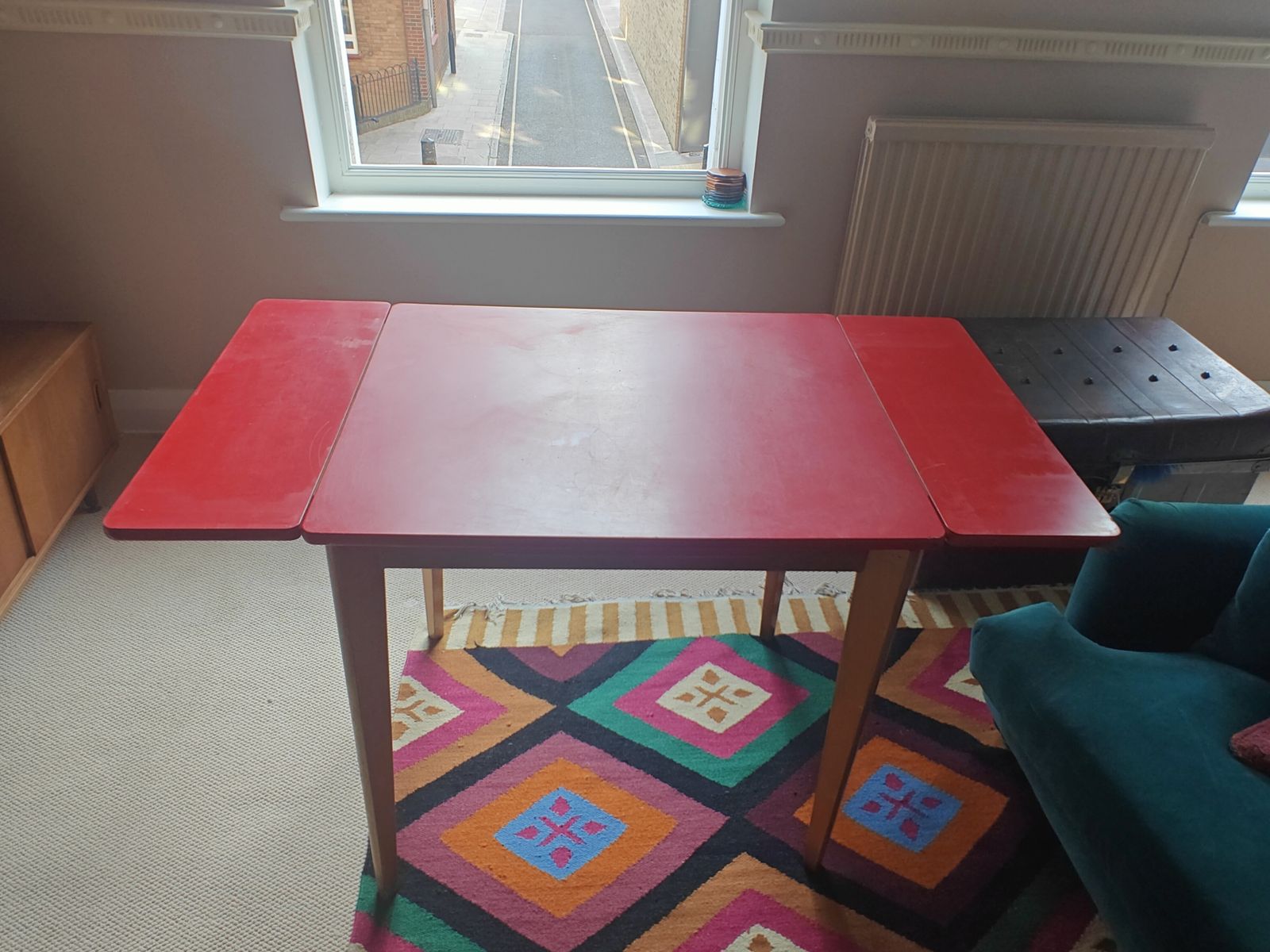 Mid Century Extendable Red Formica Dining Table, 1950s/60s photo furniture