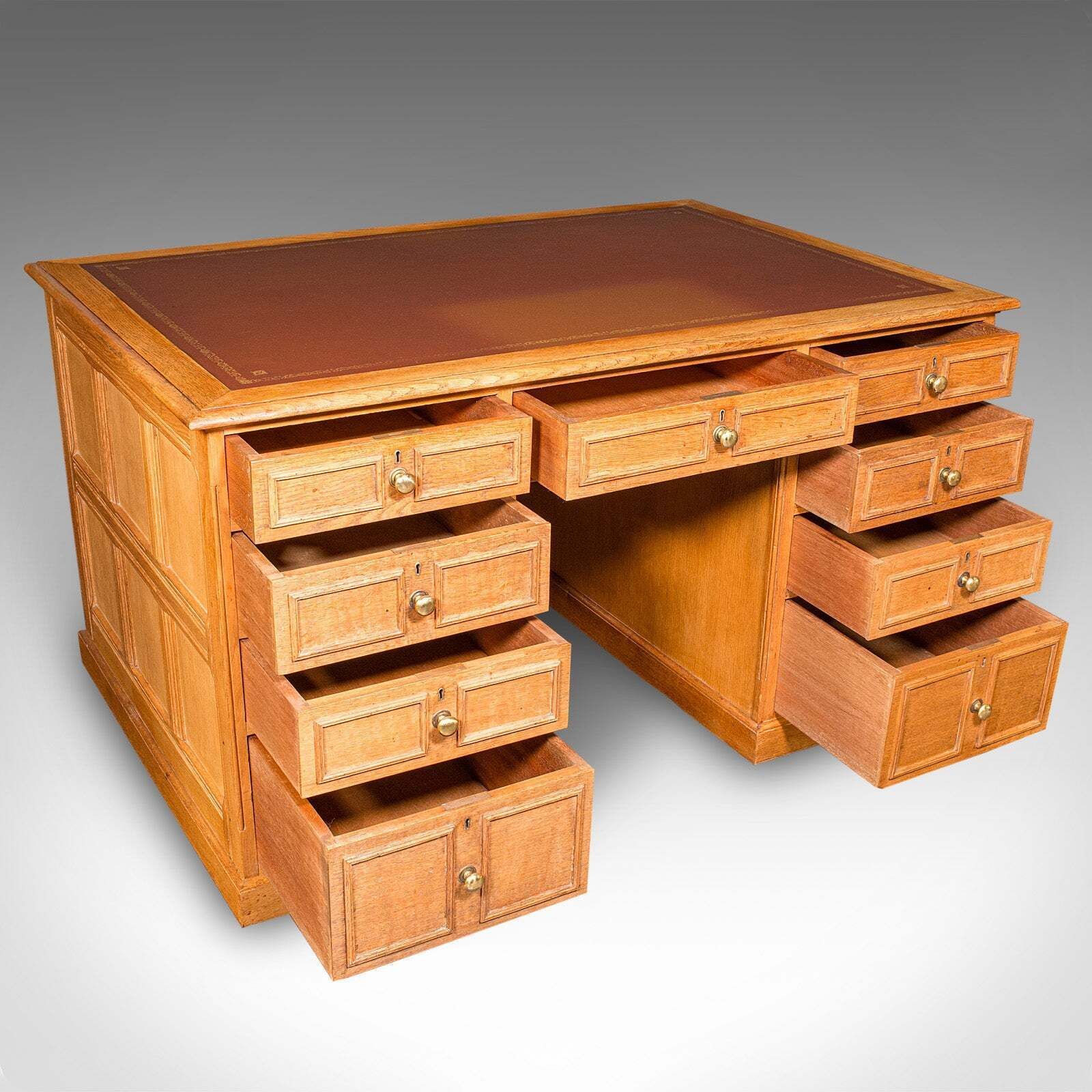 Large Vintage Bespoke Kneehole Desk, English, Oak, Writing Table, Mid Century photo furniture
