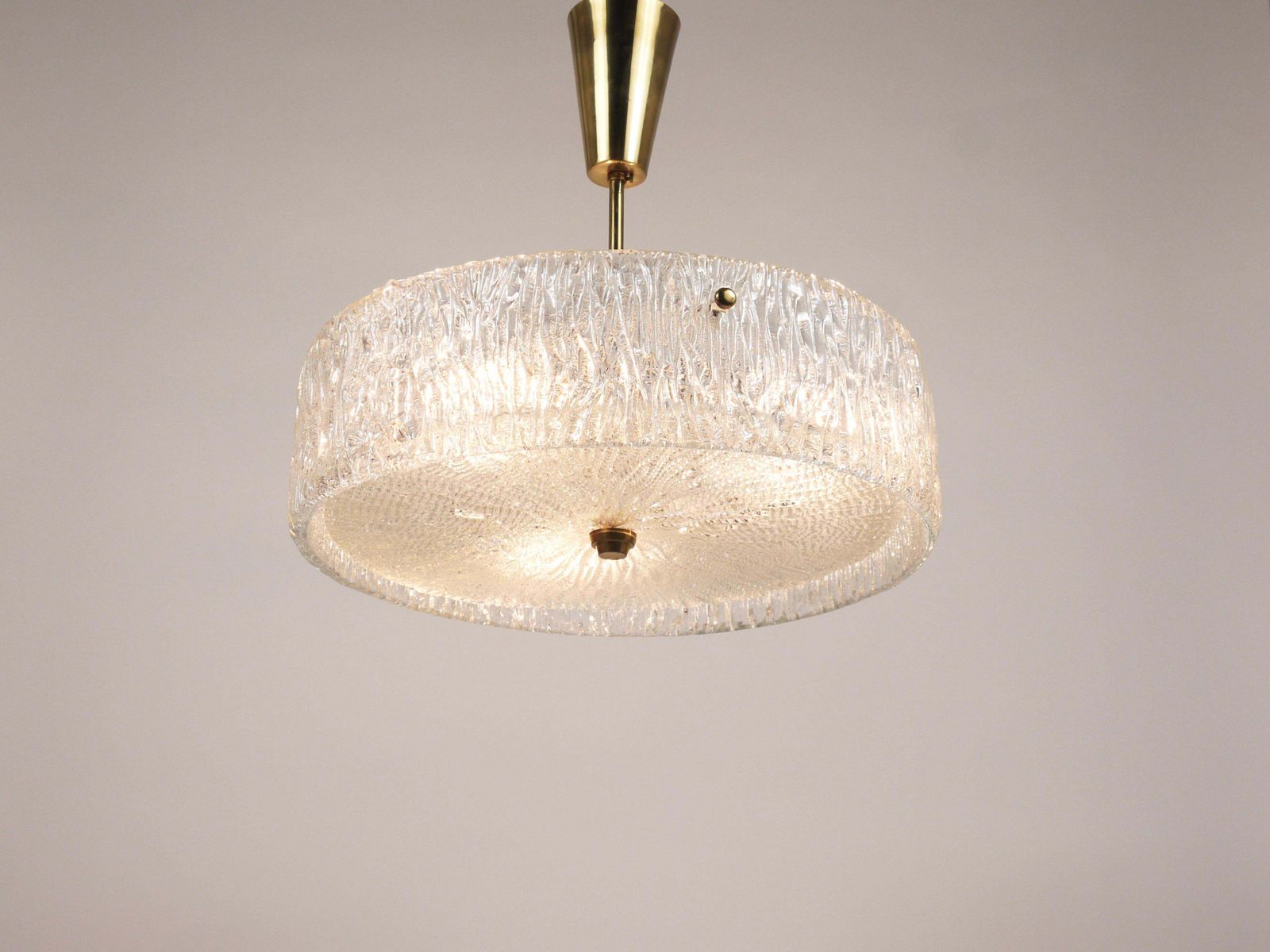J.T. Kalmar Round Textured Glass Ring & Brass Chandelier, Pendant Lamp, 1950s photo furniture