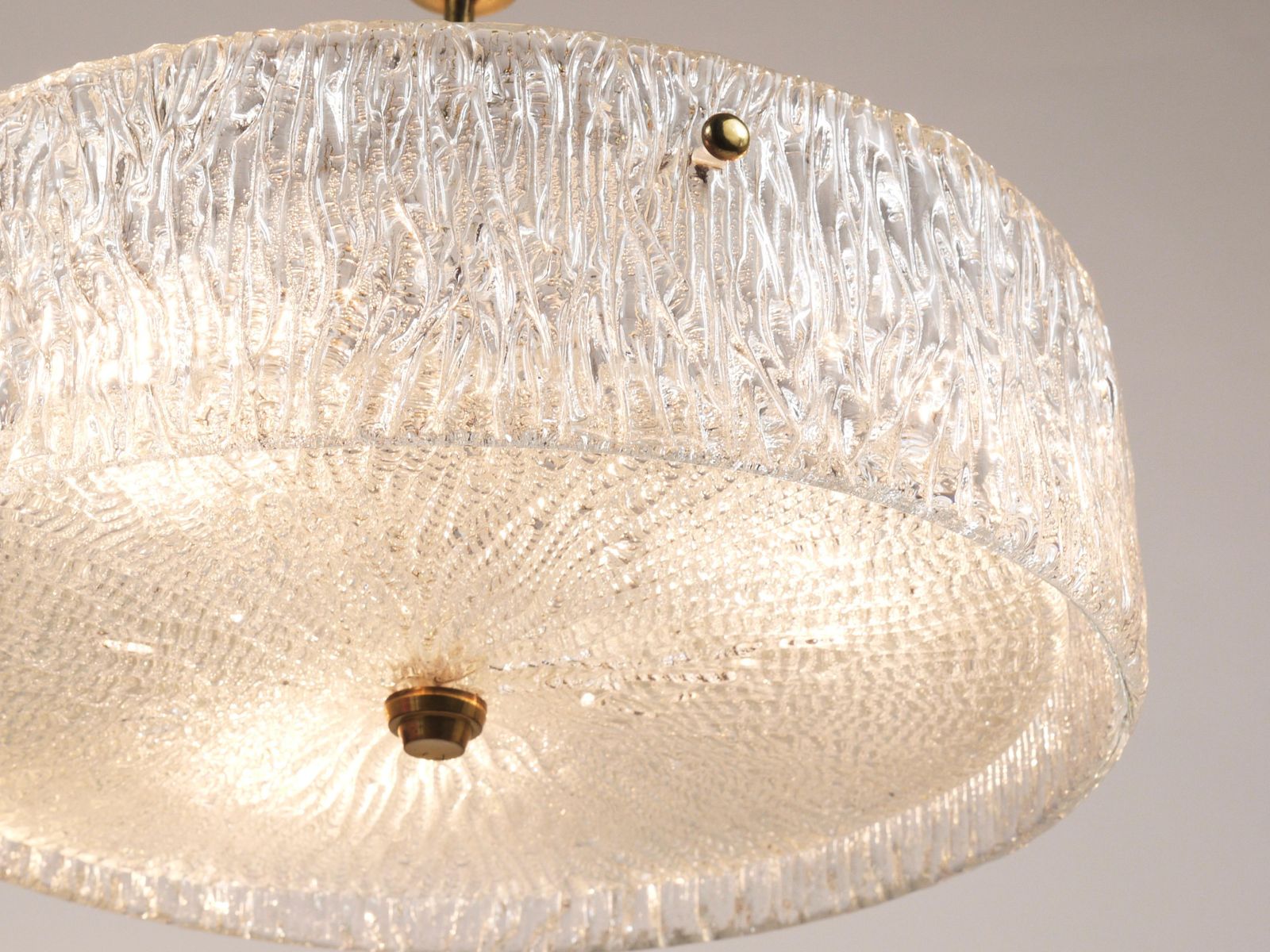 J.T. Kalmar Round Textured Glass Ring & Brass Chandelier, Pendant Lamp, 1950s photo vinterior
