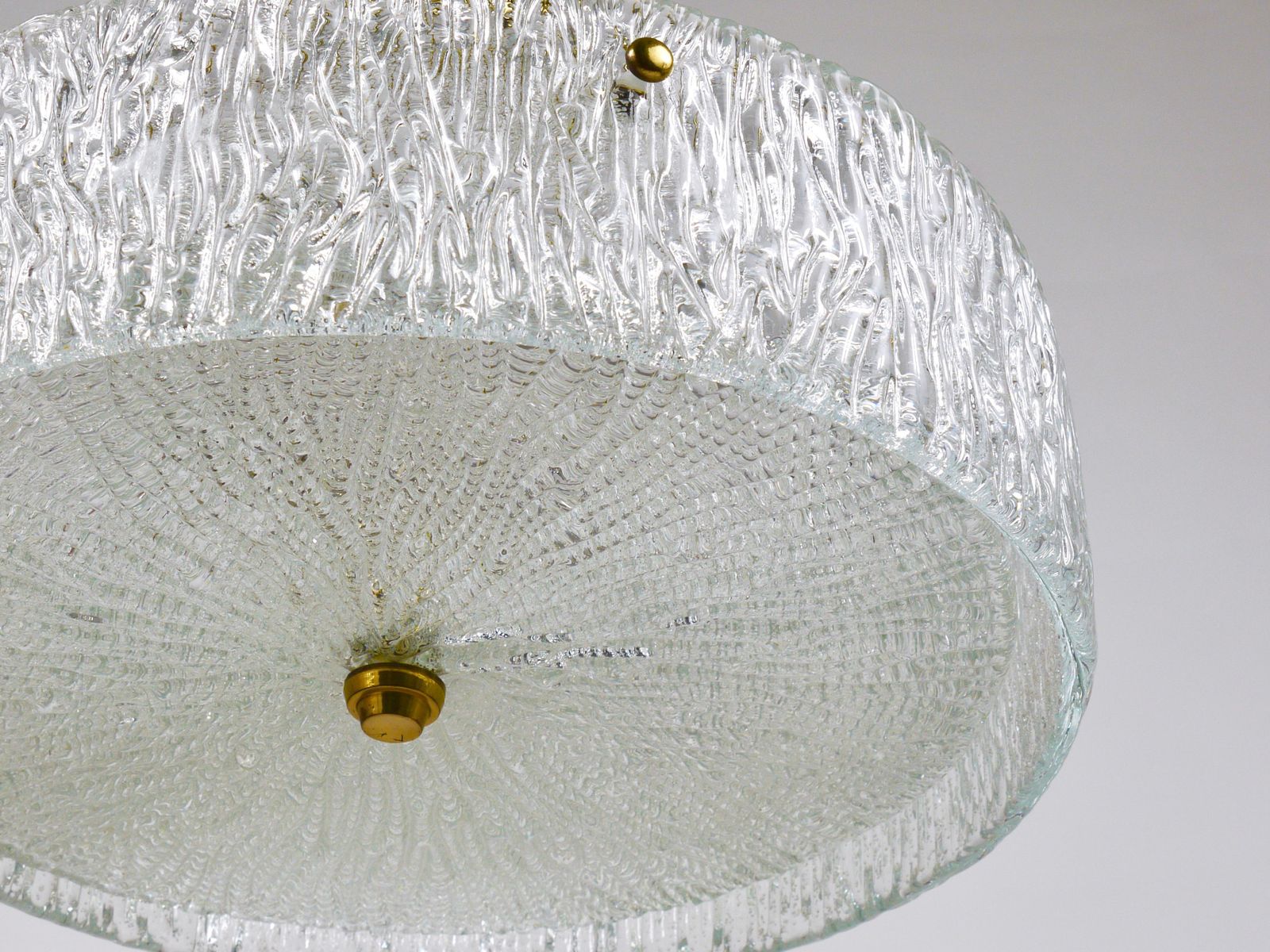 photo furniture J.T. Kalmar Round Textured Glass Ring & Brass Chandelier, Pendant Lamp, 1950s