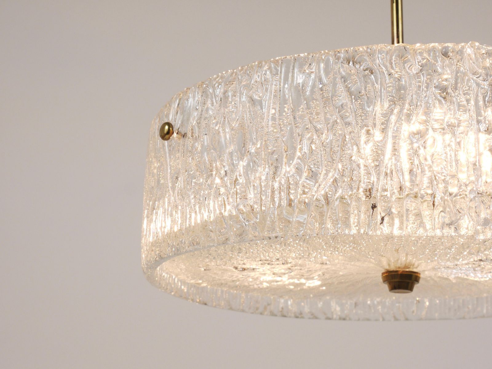 Lighting J.T. Kalmar Round Textured Glass Ring & Brass Chandelier, Pendant Lamp, 1950s photo