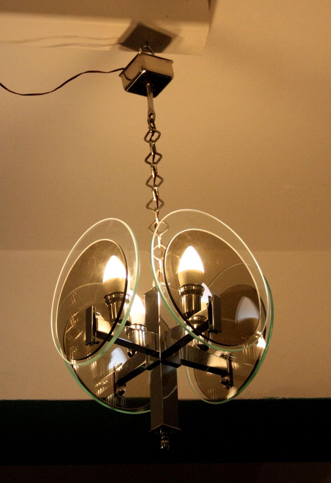 Vintage Art Deco Chandelier In Chromed Metal And Glass, Italy, 1970s photo furniture