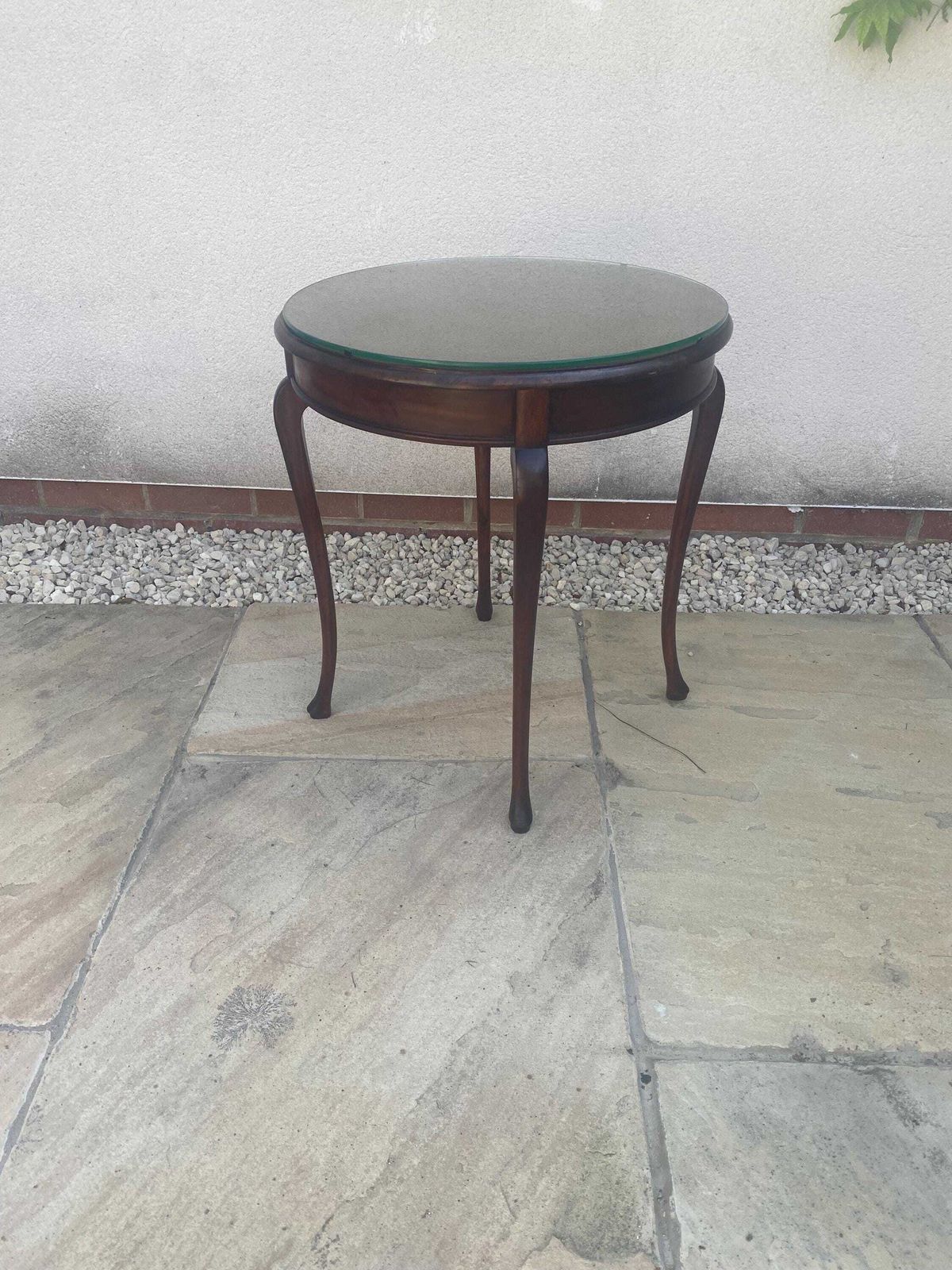 Antique Mahogany Side Table Wine Table With Round Glass Top. photo vinterior
