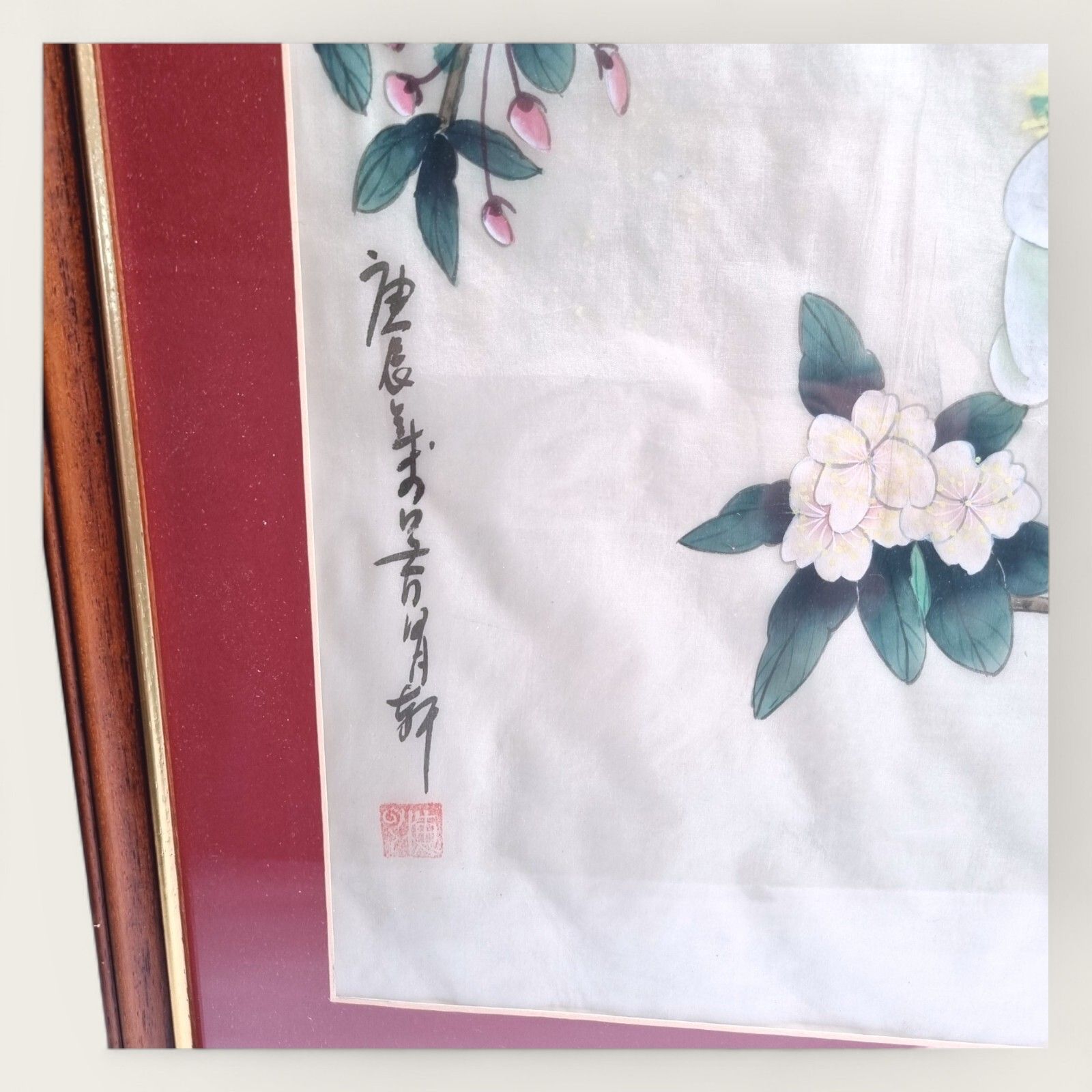 Chinese Silk Water Colour Painting Sichouhua Sparrow Blossom Framed Vintage photo for sale