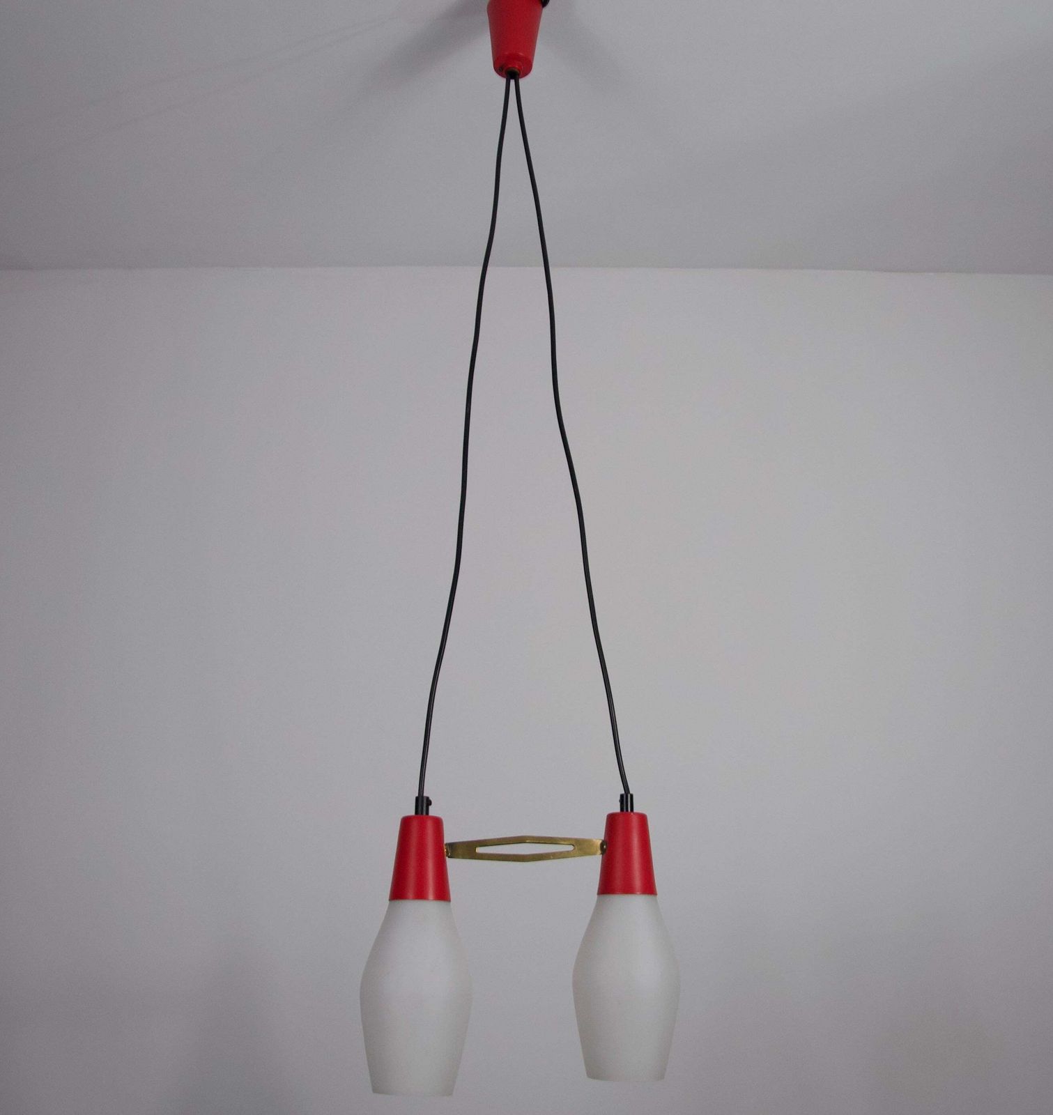 Mid Century Red Metal And Opal Glass Ceiling Lamp, Italy, 1960s photo furniture