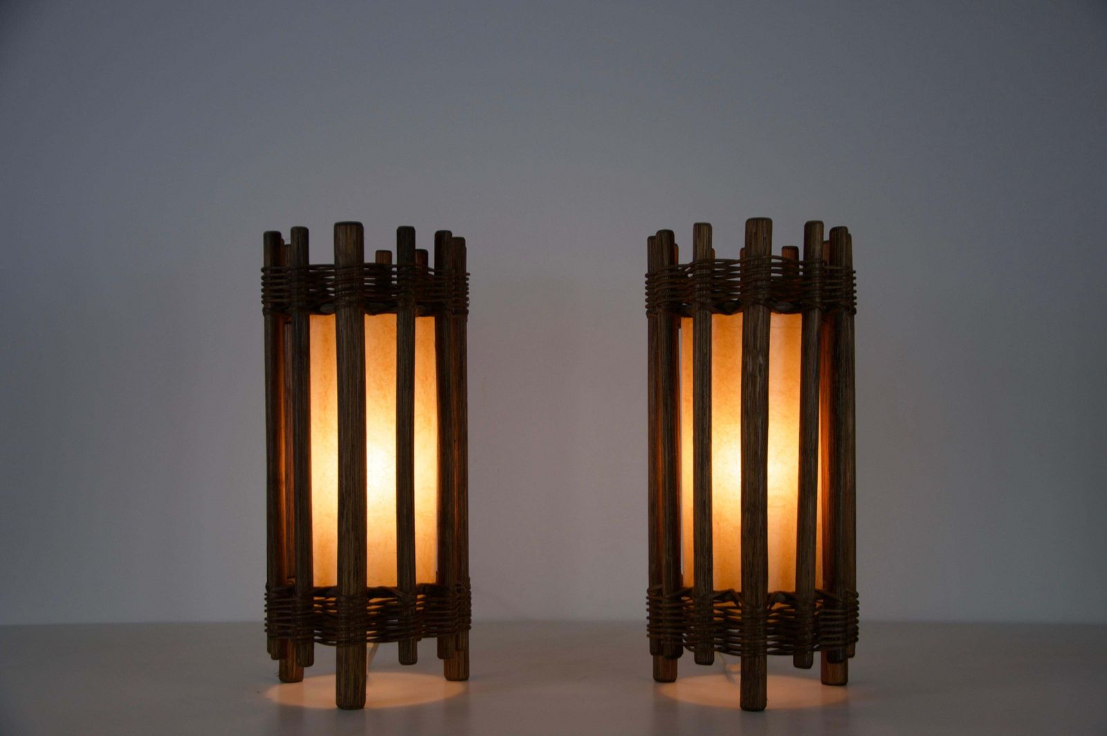 Lighting Pair Of Midcentury Wooden Table Lamps In The Style Of Temde, Circa 1970 photo