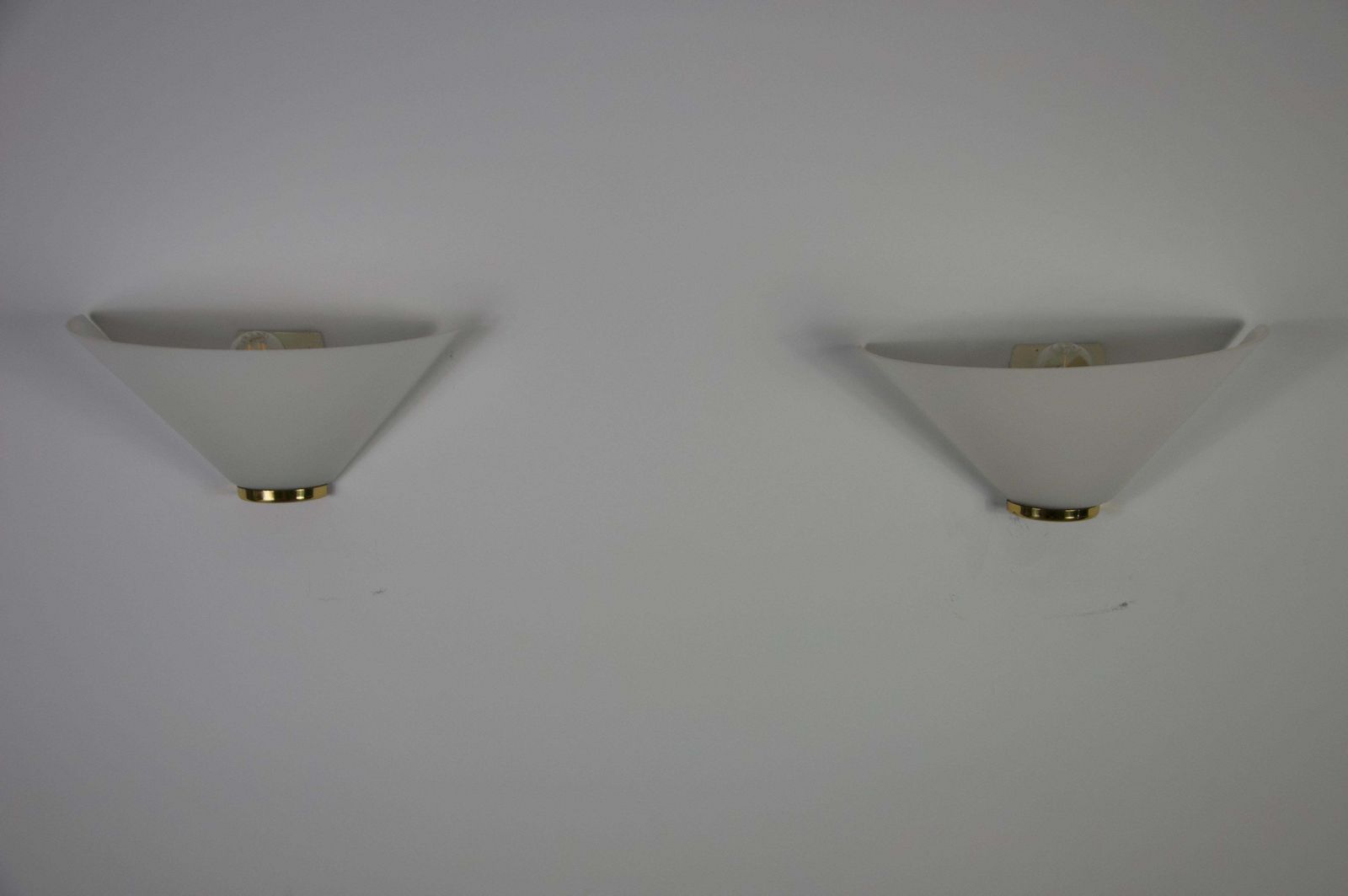 Pair Of Brass And Opaline Glass Wall Lamps By Glashütte Limburg, 1960s photo for sale