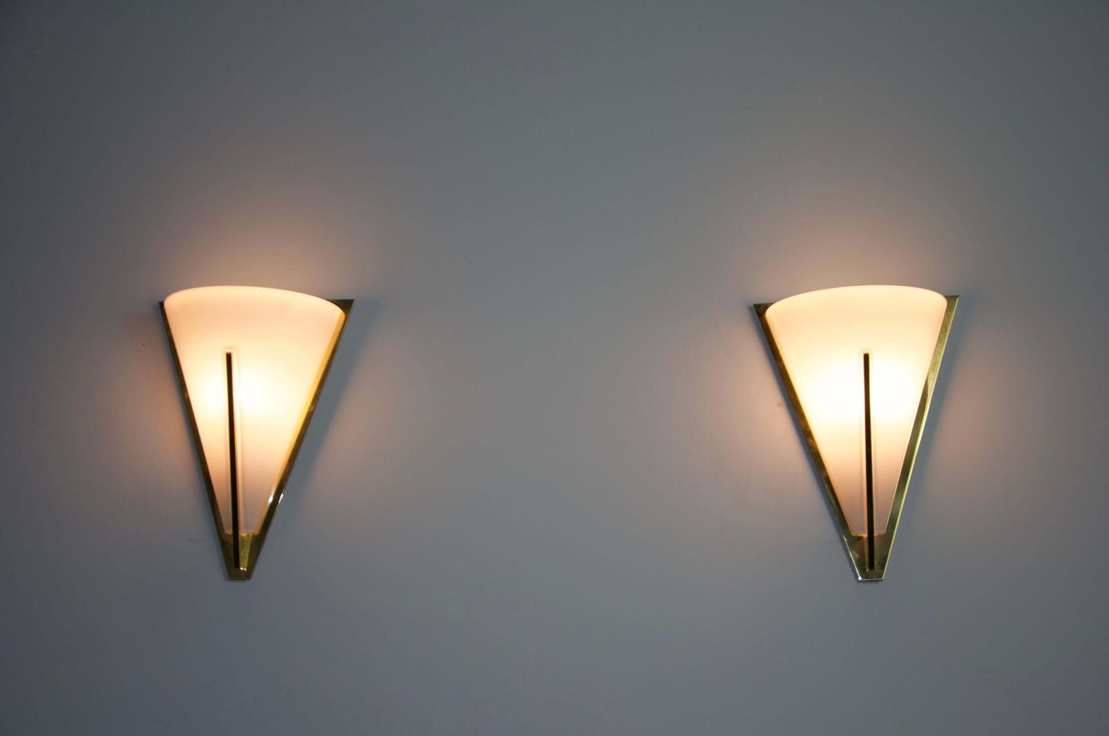Pair Of Brass And Opaline Glass Wall Lamps By Glashütte Limburg, 1960s photo furniture