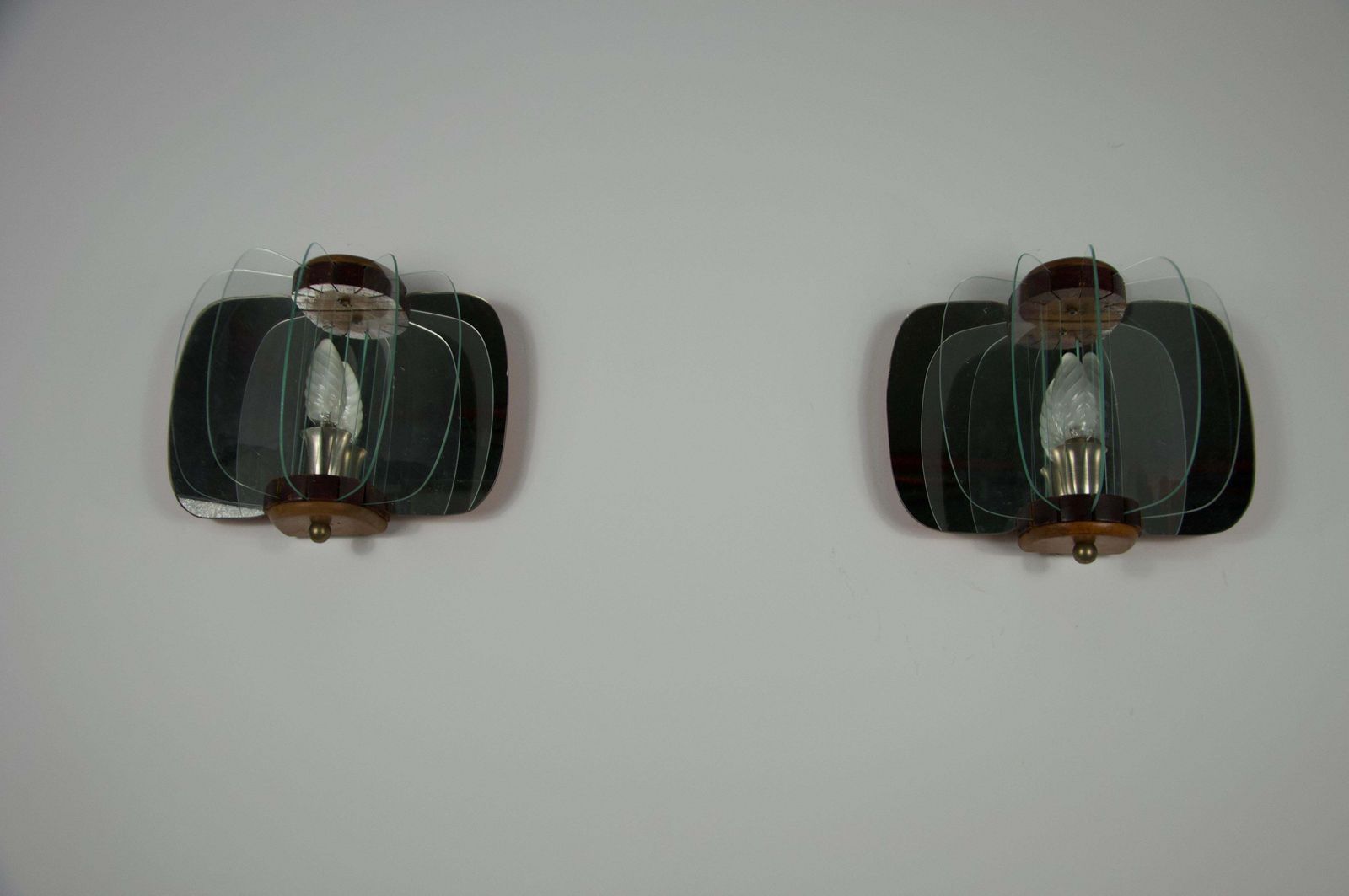 Pair Of Wooden And Glass Wall Lamps, Italy, 1960s photo furniture