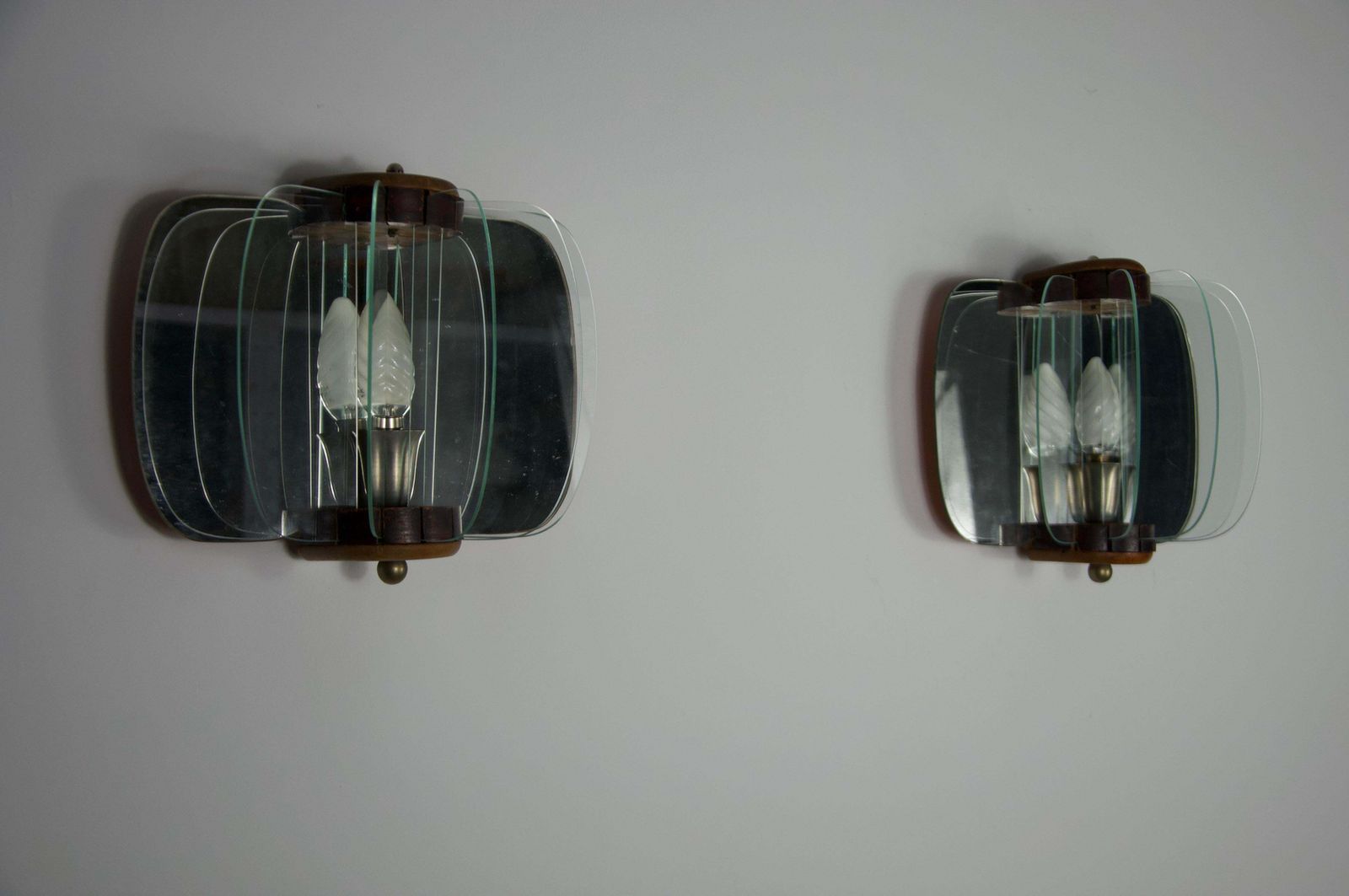 Pair Of Wooden And Glass Wall Lamps, Italy, 1960s photo vinterior