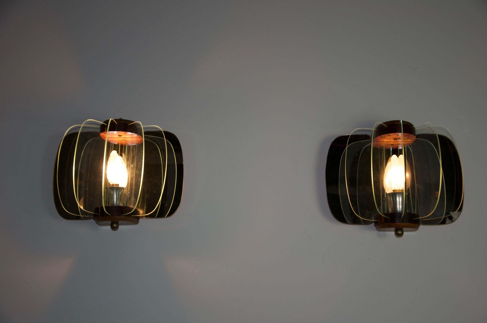 Pair Of Wooden And Glass Wall Lamps, Italy, 1960s photo buy