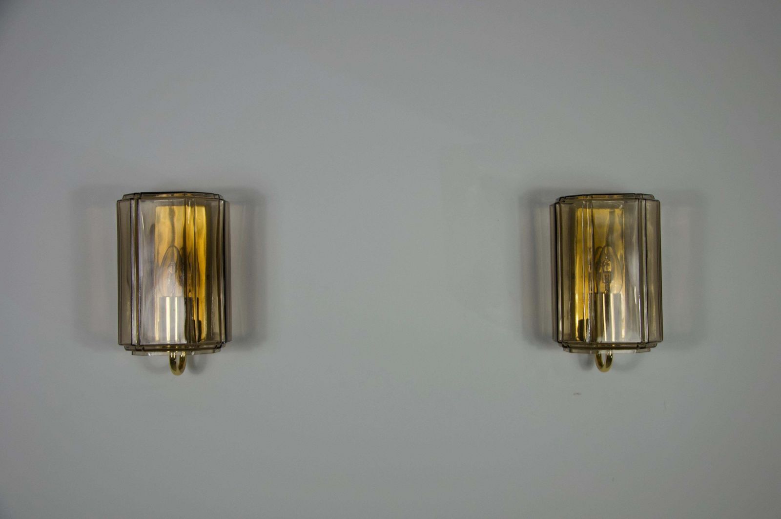 Pair Of Brass And Glass Wall Lamps By Glashütte Limburg, 1960s photo Lighting