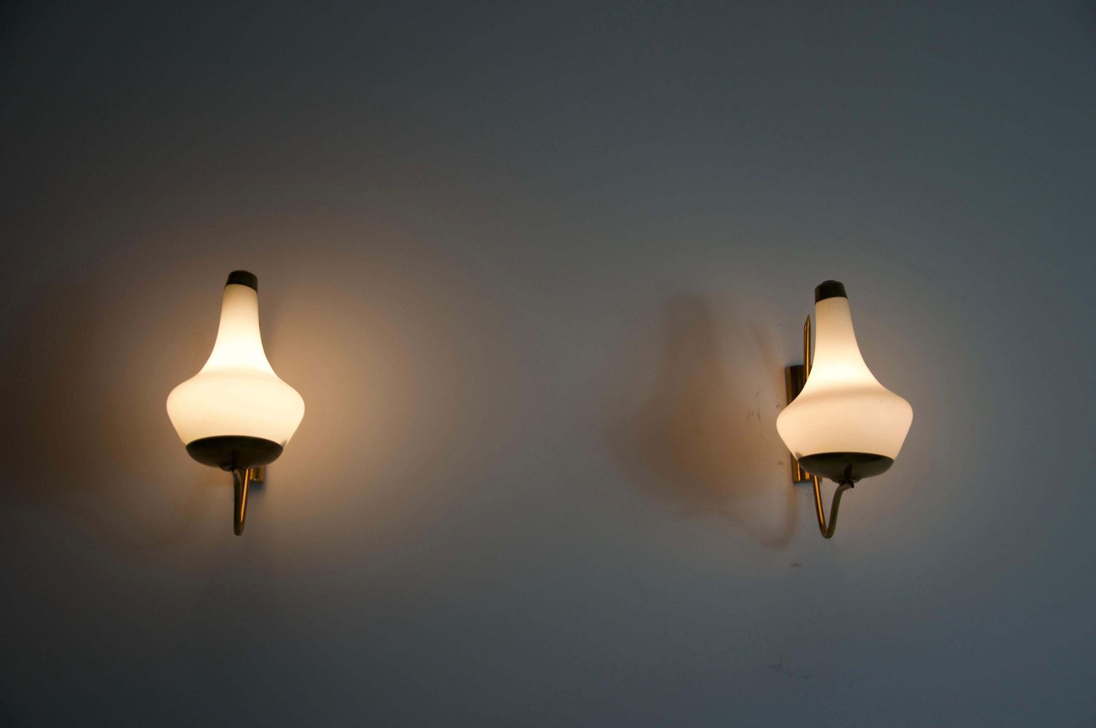 Pair Of Brass And Opaline Wall Lamps By Stilnovo, Italy, 1960s photo Lighting