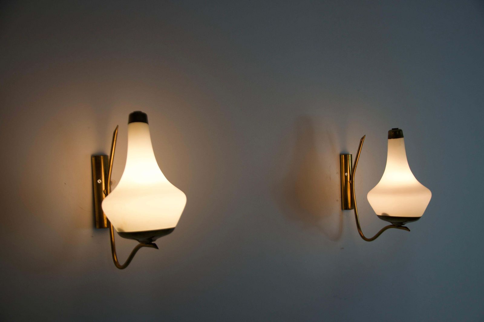 Pair Of Brass And Opaline Wall Lamps By Stilnovo, Italy, 1960s photo vinterior