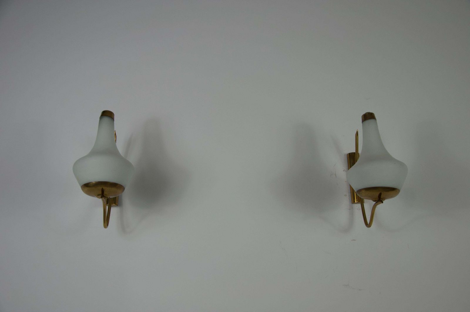 Pair Of Brass And Opaline Wall Lamps By Stilnovo, Italy, 1960s photo vintage