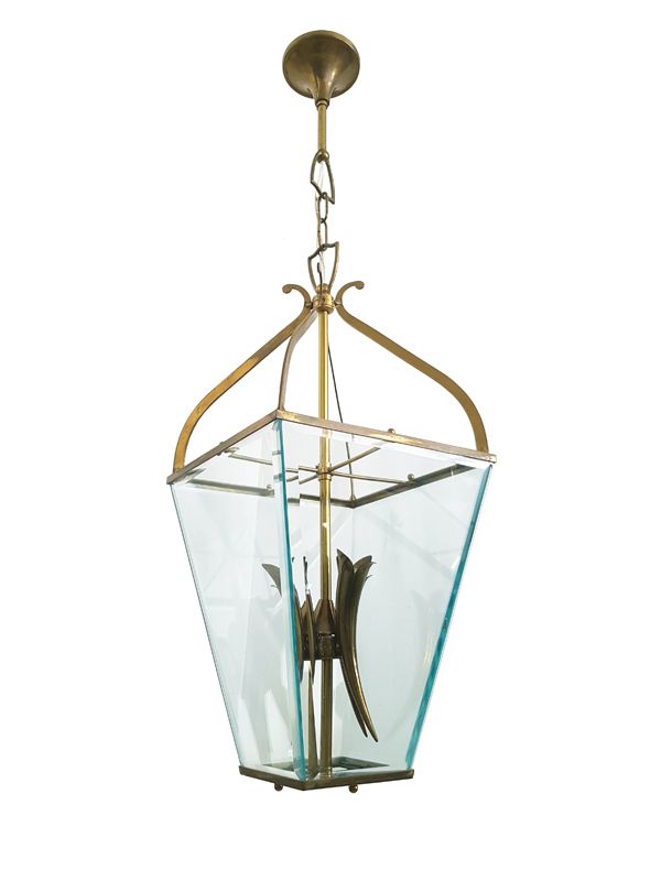 Mid Century Italian Faceted Glass & Brass Pendant In The Style Of G. Ulrich, 1940s