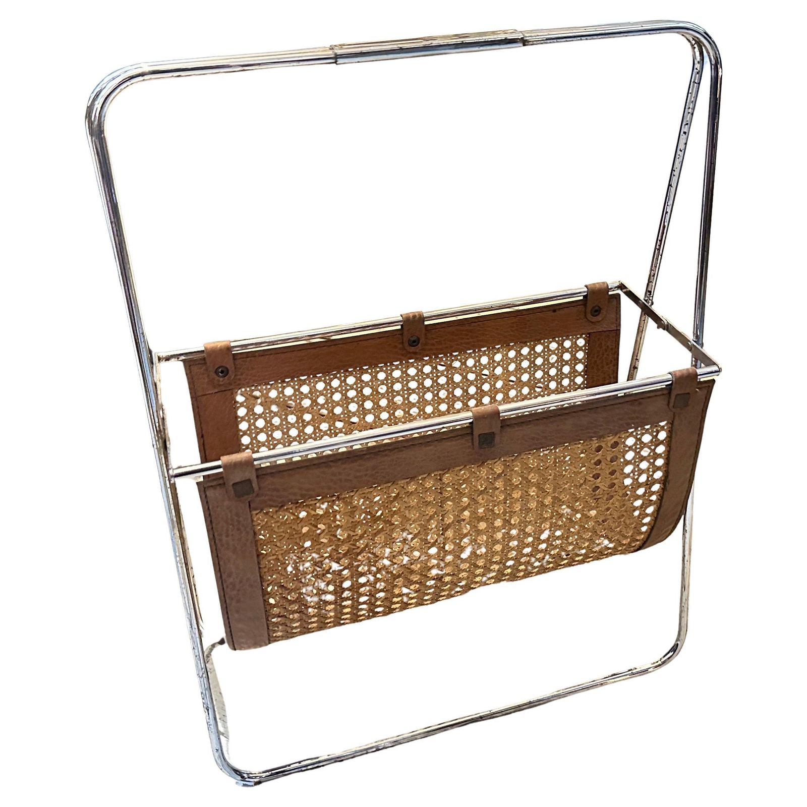 1970s Mid Century Modern Steel, Leather And Wicker Italian Magazine Stand