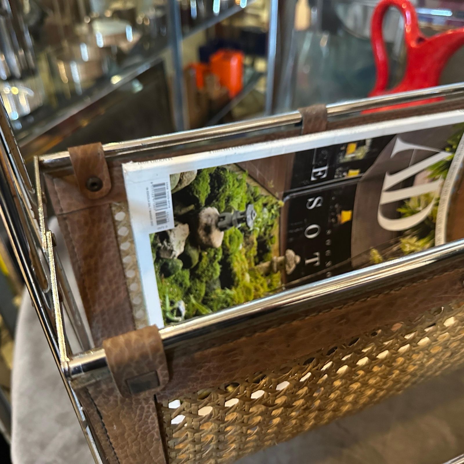 1970s Mid Century Modern Steel, Leather And Wicker Italian Magazine Stand photo furniture