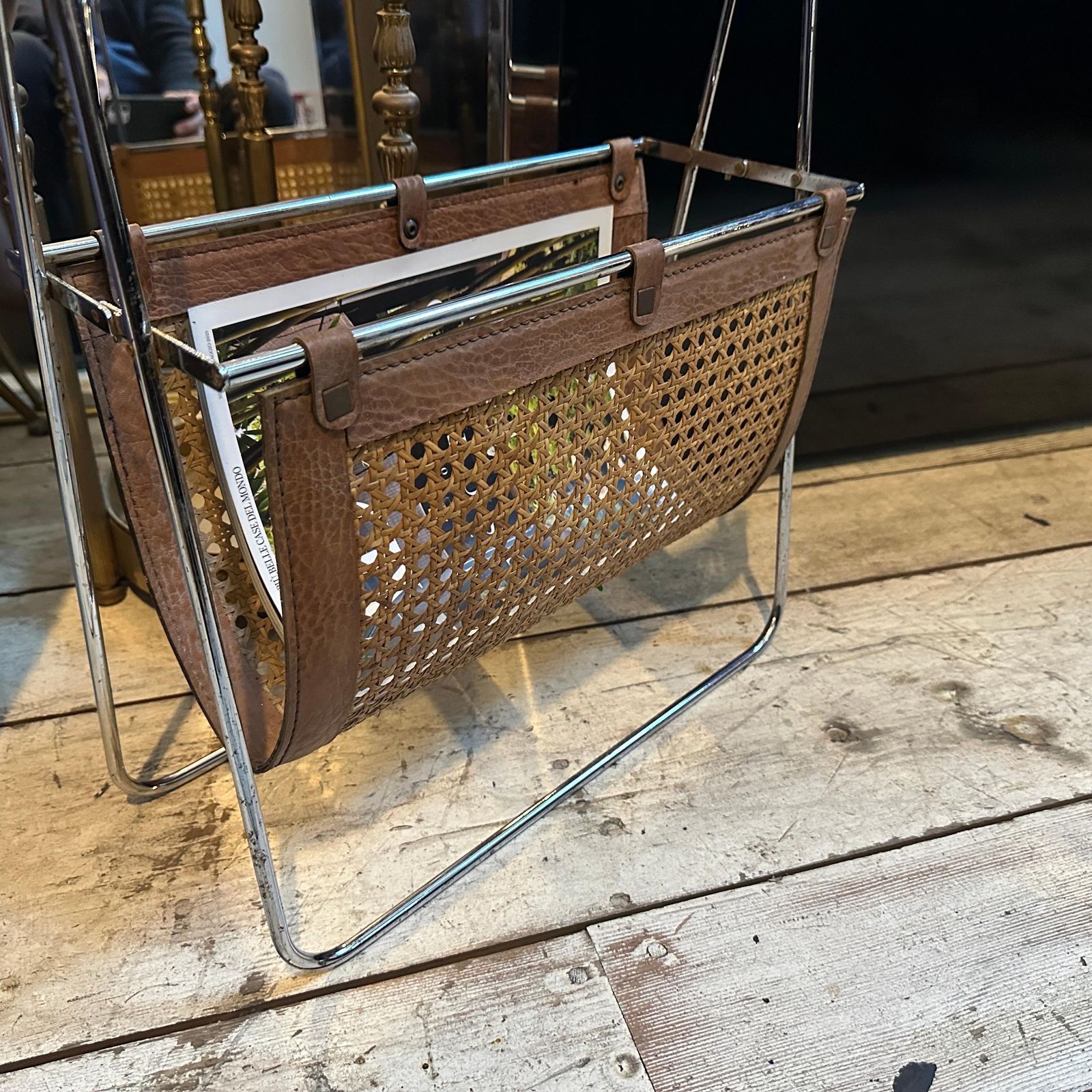 1970s Mid Century Modern Steel, Leather And Wicker Italian Magazine Stand photo for sale