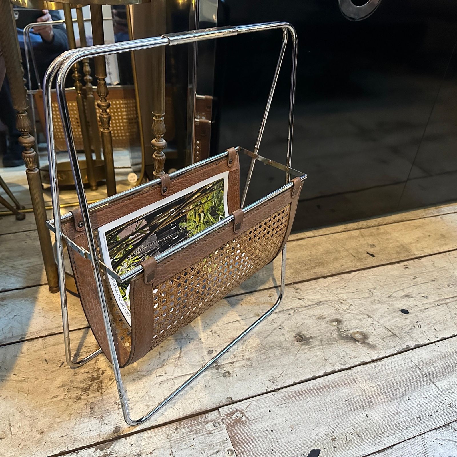 1970s Mid Century Modern Steel, Leather And Wicker Italian Magazine Stand photo Home Decor