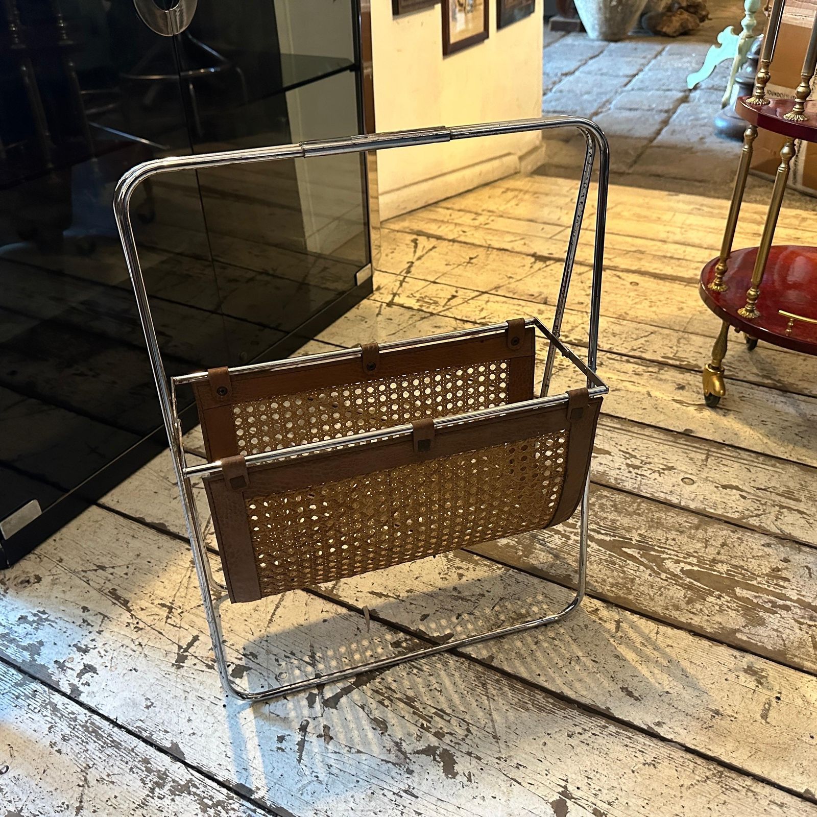 photo for sale 1970s Mid Century Modern Steel, Leather And Wicker Italian Magazine Stand