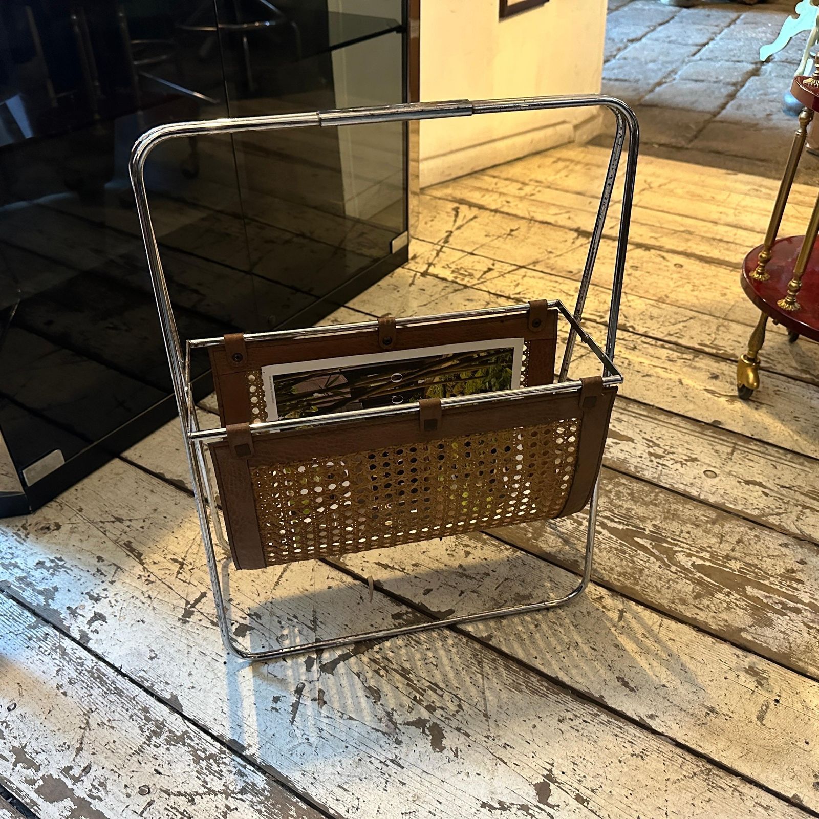 763.0 1970s Mid Century Modern Steel, Leather And Wicker Italian Magazine Stand photo