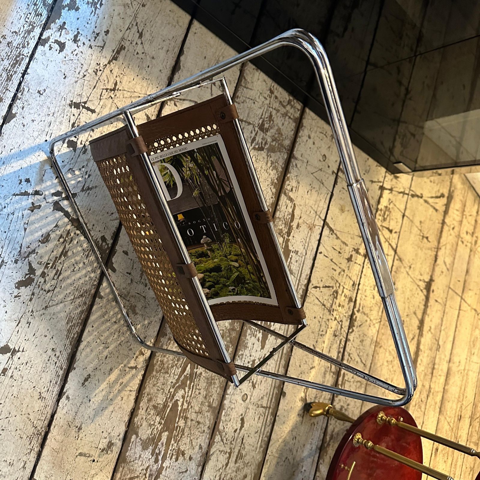 photo buy 1970s Mid Century Modern Steel, Leather And Wicker Italian Magazine Stand