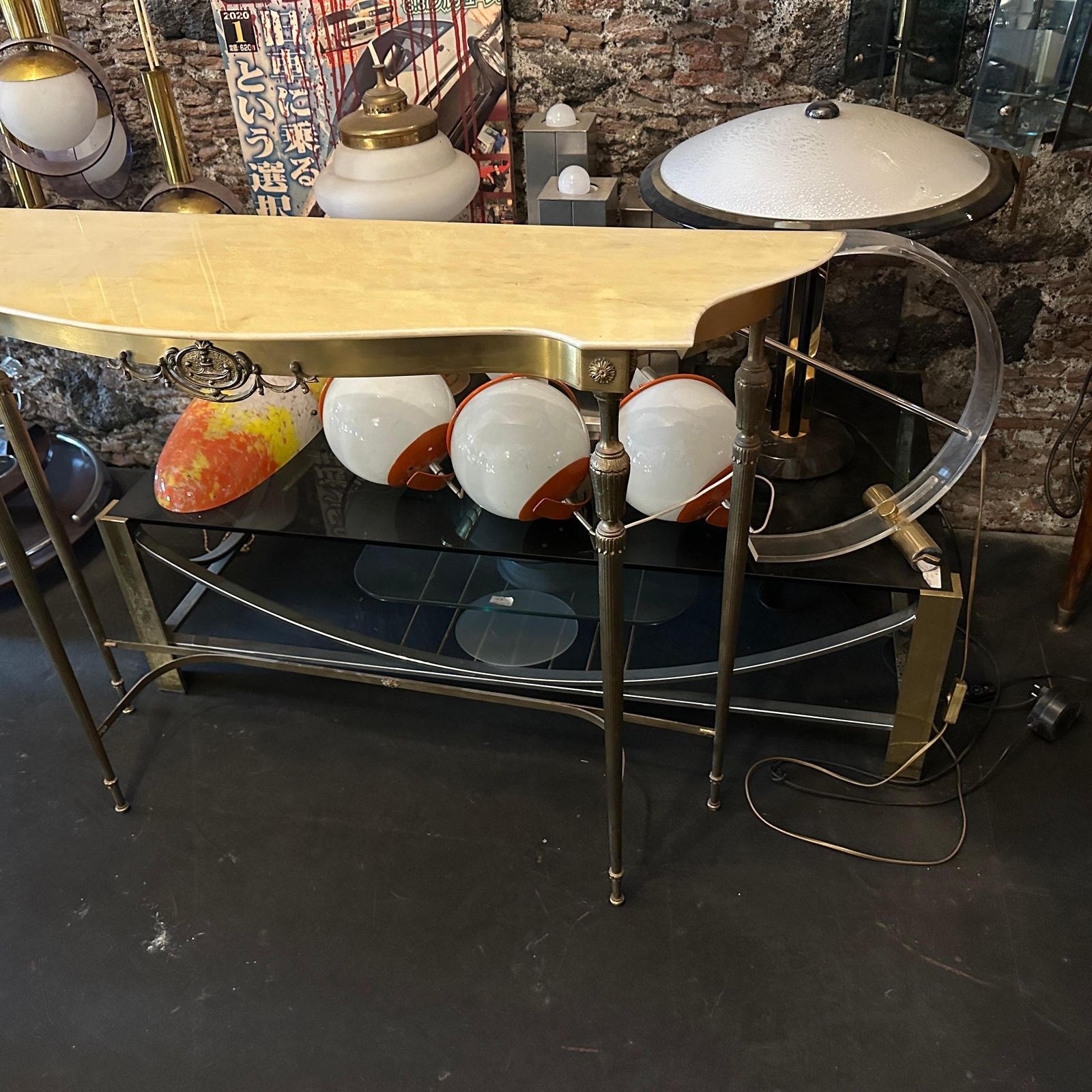 1950s Mid Century Modern Brass And Marble Italian Console Table photo for sale