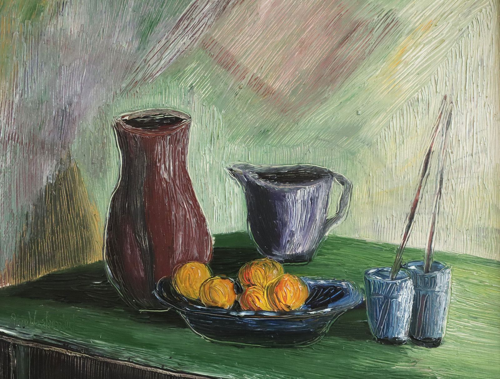 Fruit & Brushes  Oil Painting, Mid 20th Century photo vintage