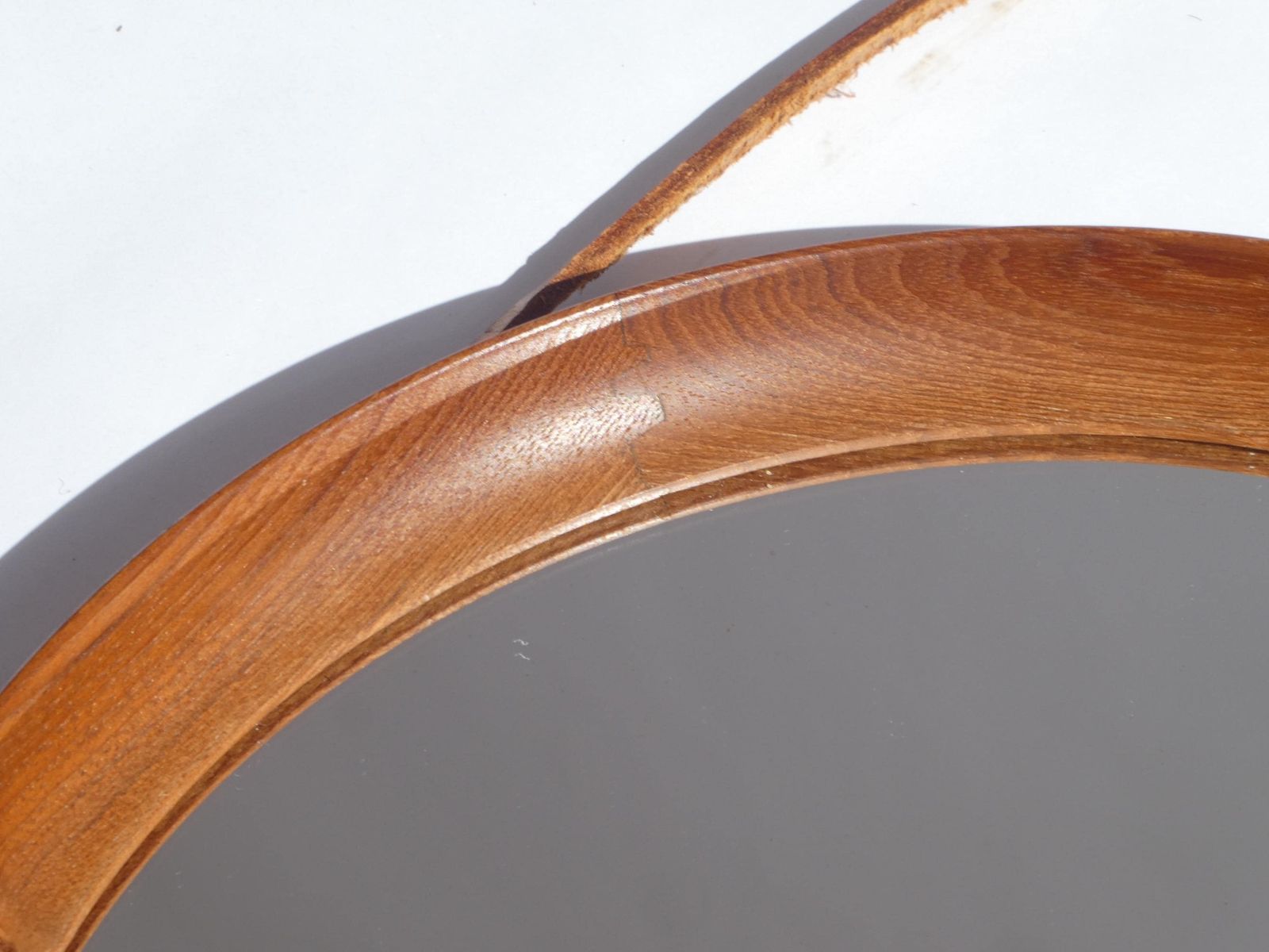Mid Century Round Teak Mirror With Leather Cord, Scandinavian Modern Wooden Wall Mirror, Danish Design photo 380.0