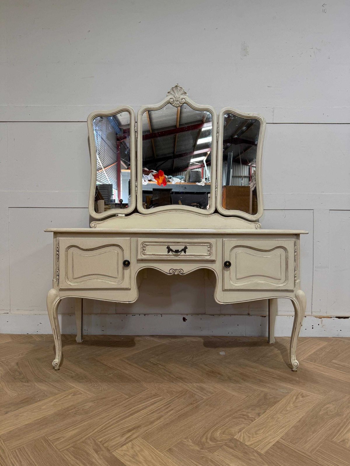 Vintage Painted French Dressing Table 1 Drawer, 2 Cupboards & 3 Way Mirror