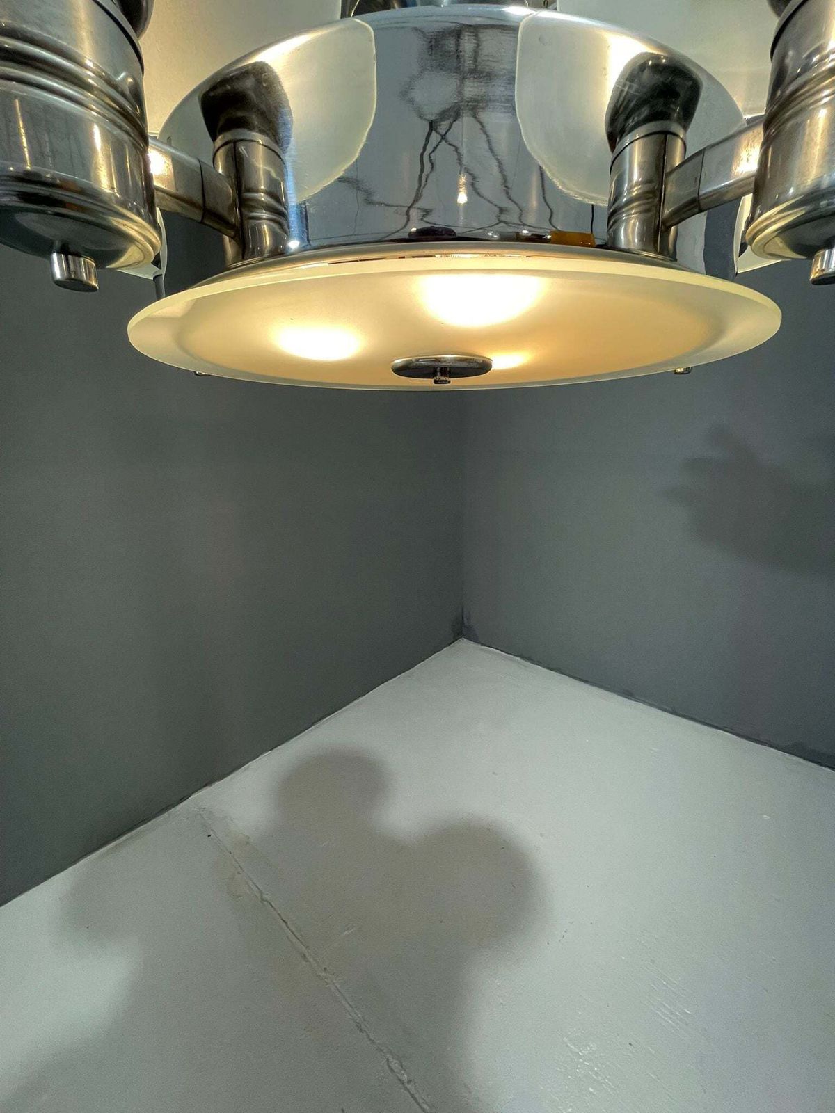 photo furniture 1930s Art Deco Chrome Chandelier With Frosted Glass Disc Shades – Czech Vintage Lighting