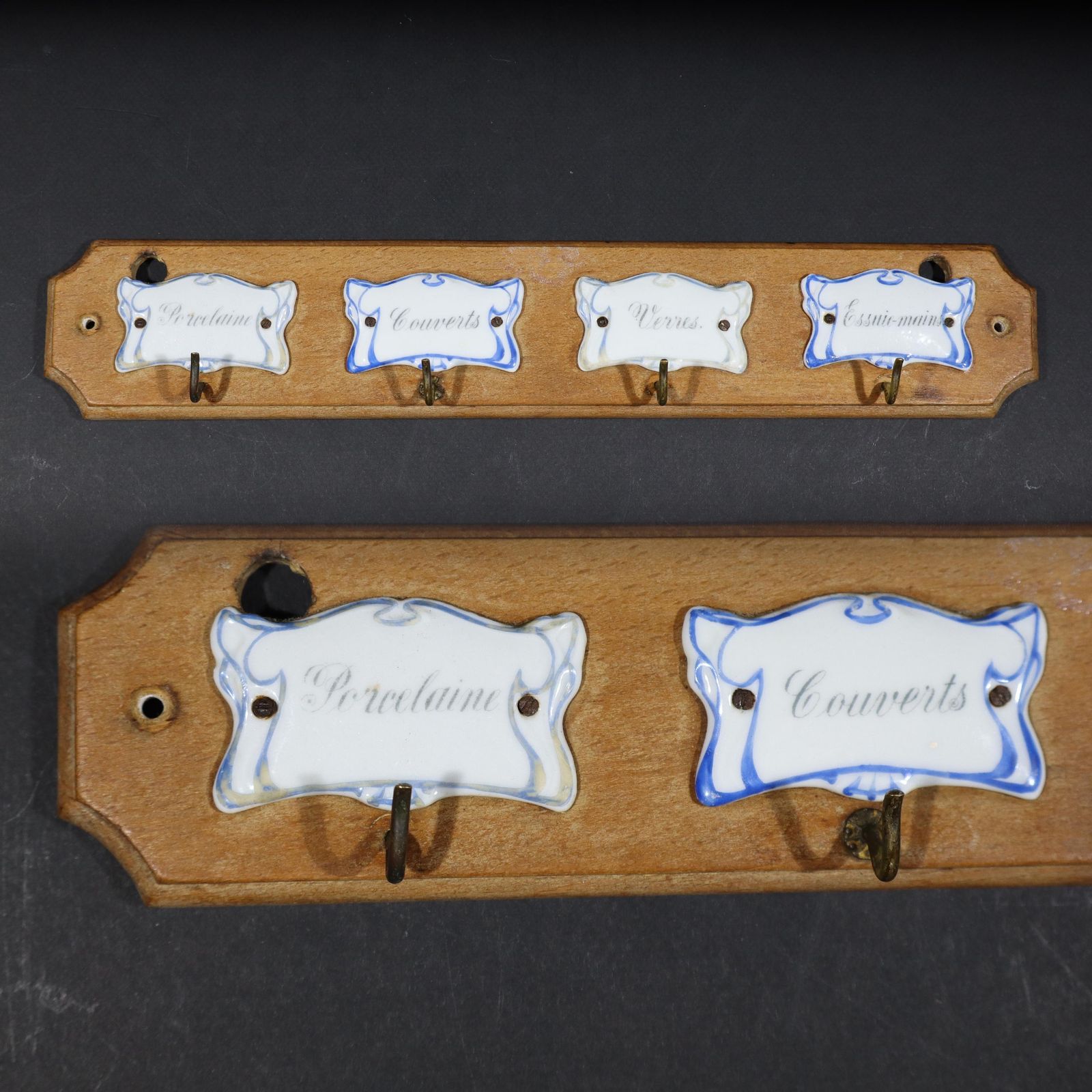 French Antique Towel Holder Wood Tea Towel Holder With 4 Hooks And Porcelain Signs, French Country Kitchen