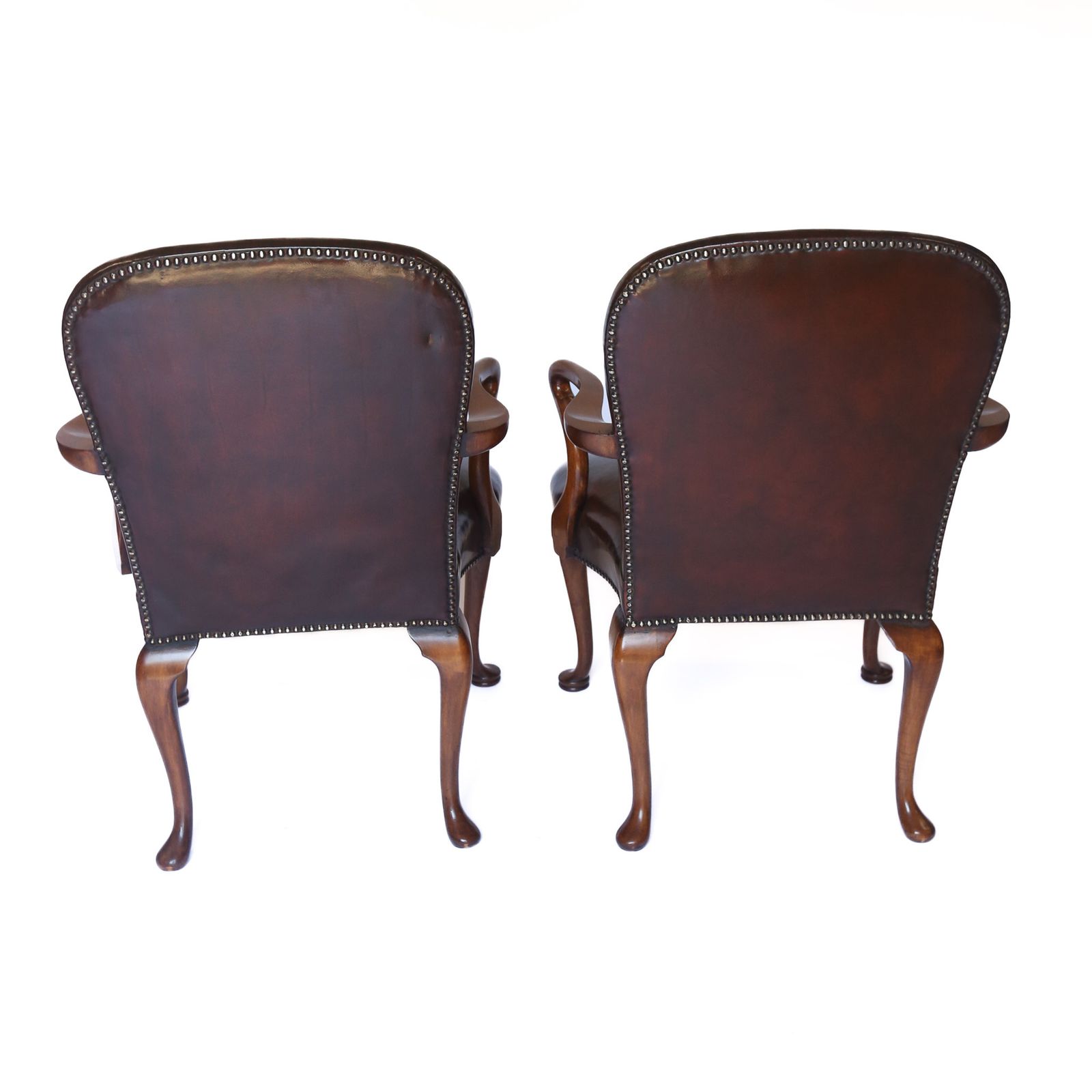 Pair Georgian Revival Walnut & Leather Open Elbow Chairs Circa 1920s photo vinterior