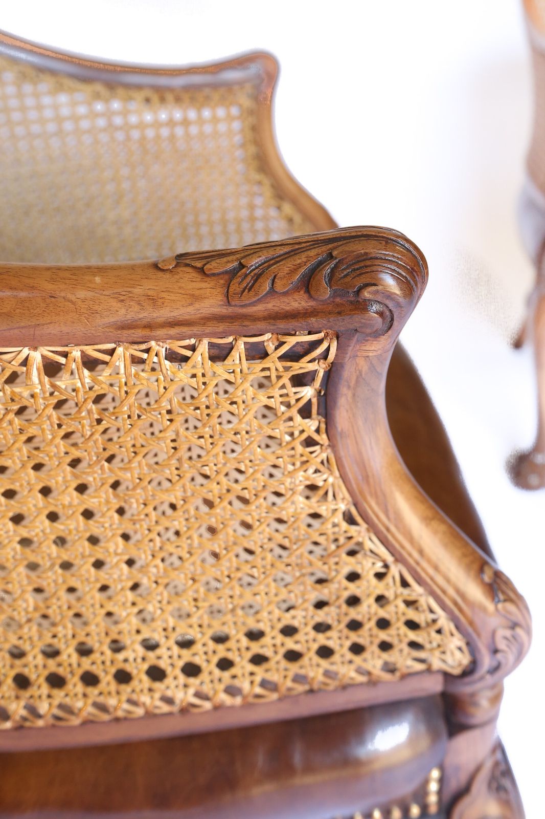 Fine Pair Walnut & Carved Bergere Tub Shaped Chairs 1920s photo furniture