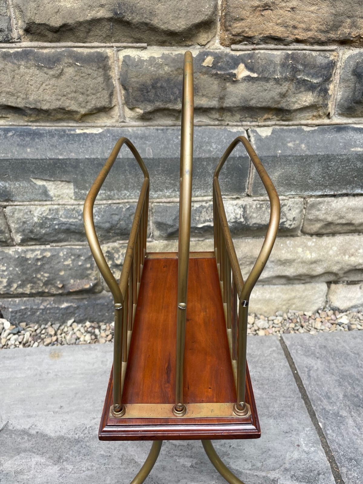 Antique Brass & Walnut Revolving Magazine Rack photo vintage