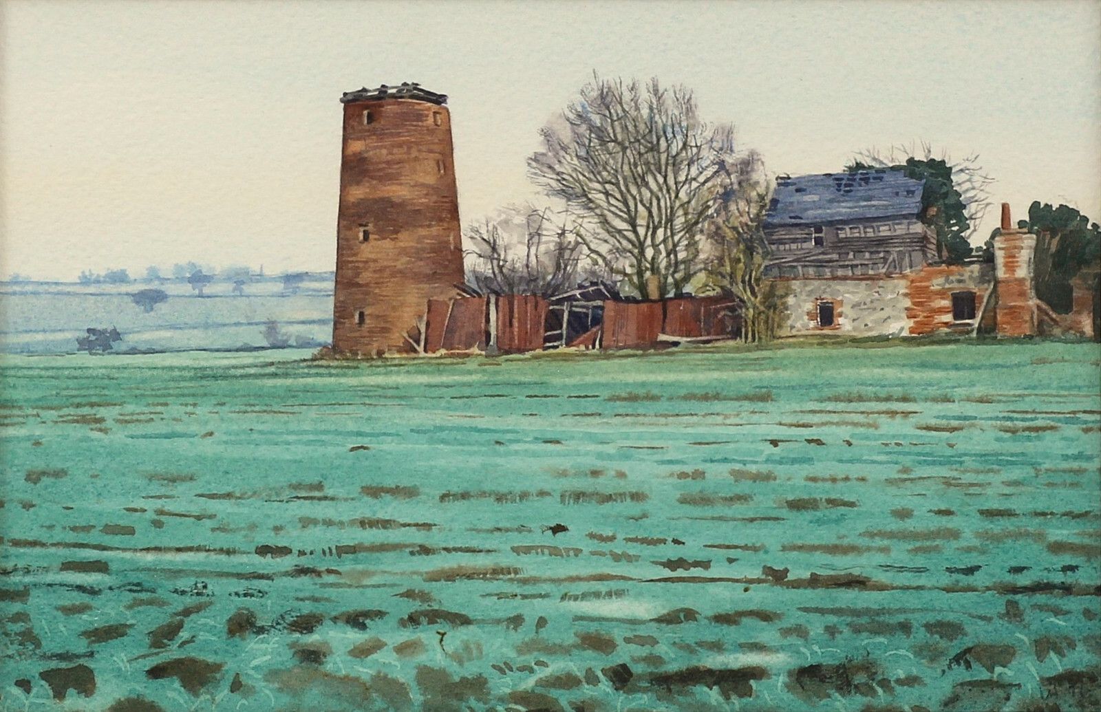 Watercolour Titled "Derelict Windmill Great Welnetham" By Lillias August photo furniture