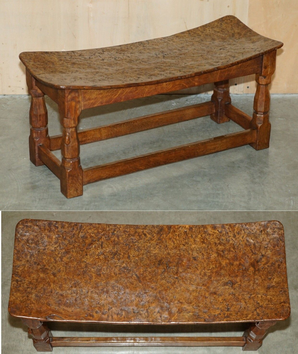 Important 1930's Burr Oak Robert Mouseman Thompson Stool With Period Curved Top