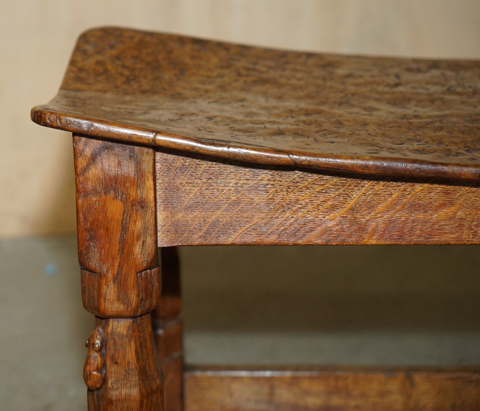 Furniture Important 1930's Burr Oak Robert Mouseman Thompson Stool With Period Curved Top photo