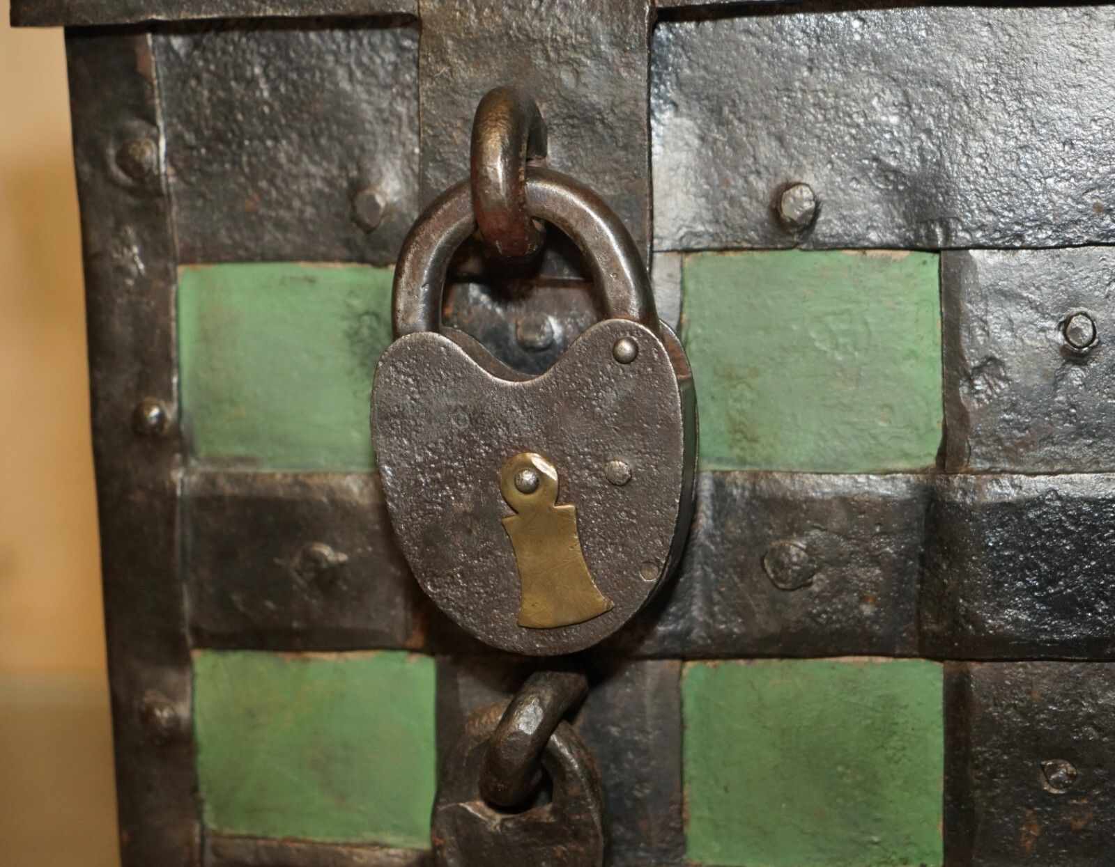 Fine Early 17th Century German Wrought Iron Safe Chest Trunk With Original Key photo vintage