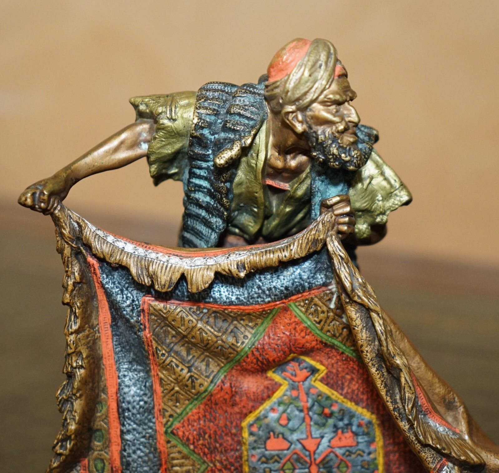 Fine Antique Circa 1910 Franz Bergman Cold Painted Bronze Carpet Seller Statue photo for sale