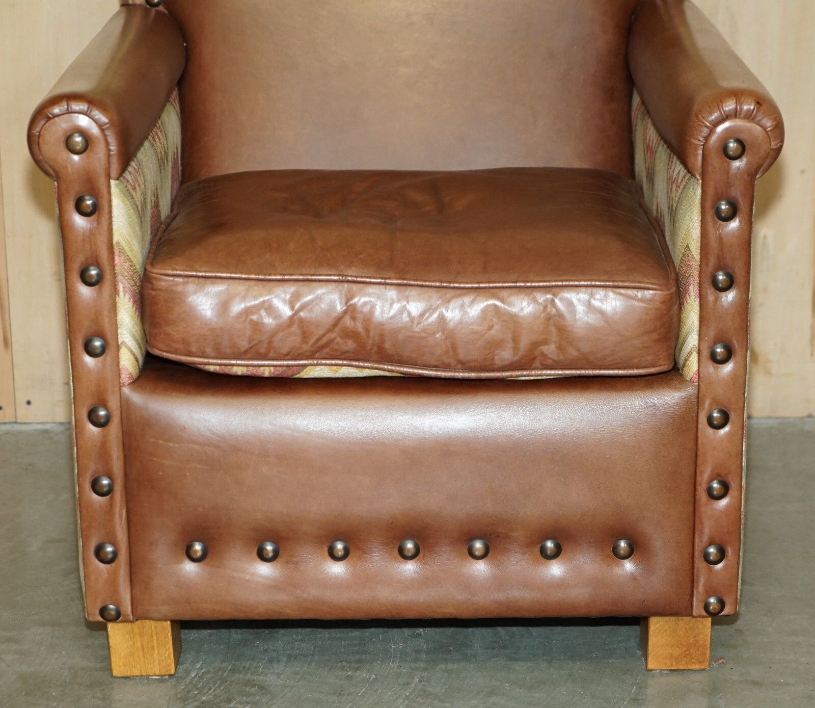Furniture Pair Of Andrew Martin Marlborough Brown Leather Reversible Kilim Armchairs photo