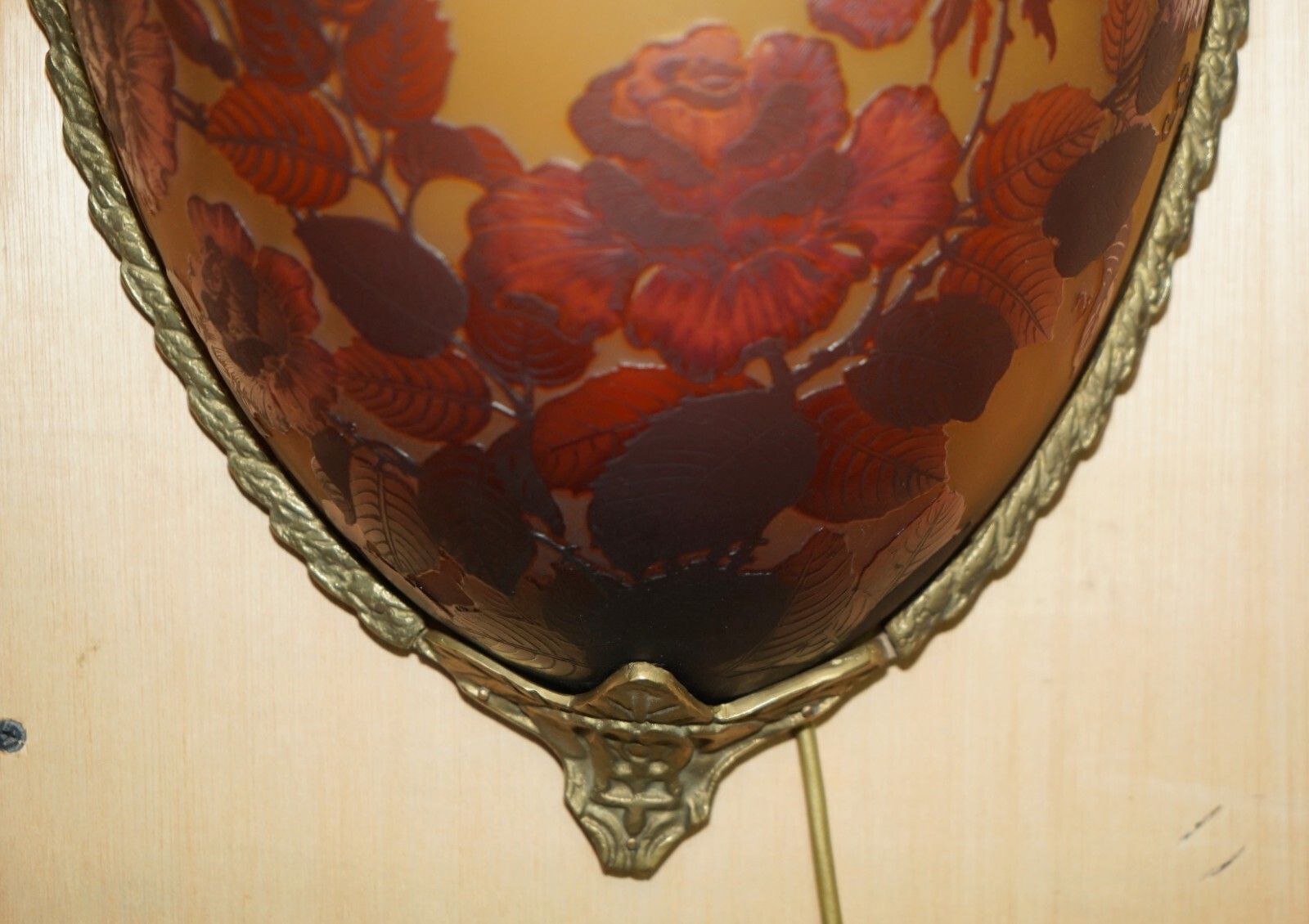 Four Original French Emile Galle Cameo Glass & Brass Wall Mounted Sconces Lights photo buy
