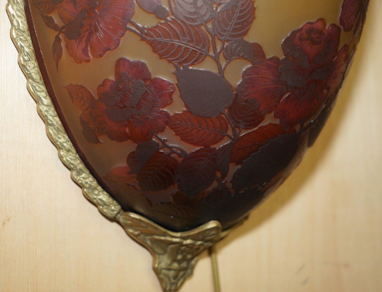 Lighting Four Original French Emile Galle Cameo Glass & Brass Wall Mounted Sconces Lights photo