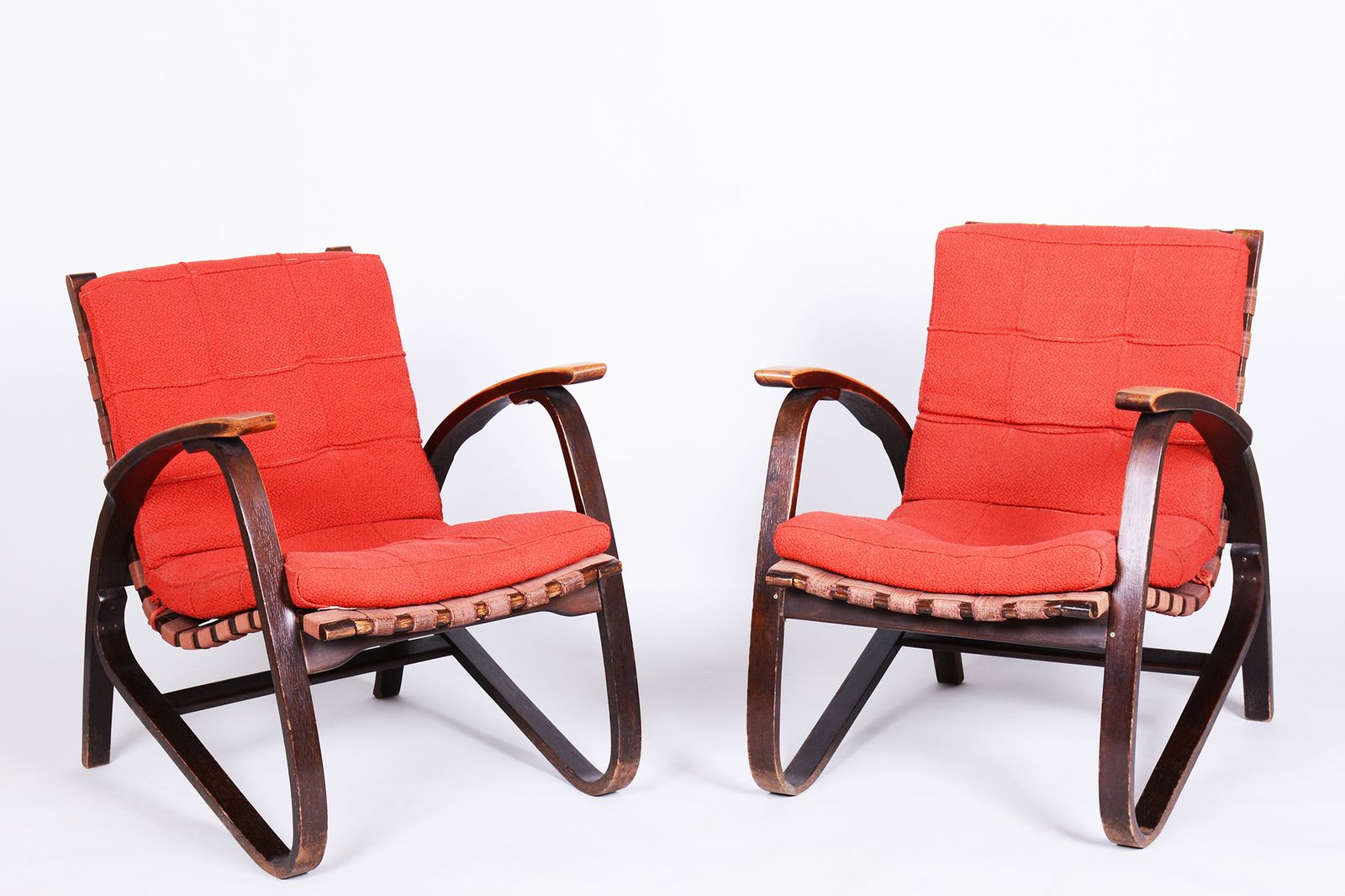 Pair Of Restored Art Deco Armchairs, Designed By Jan Vaněk, Oak, Czech, 1940s
