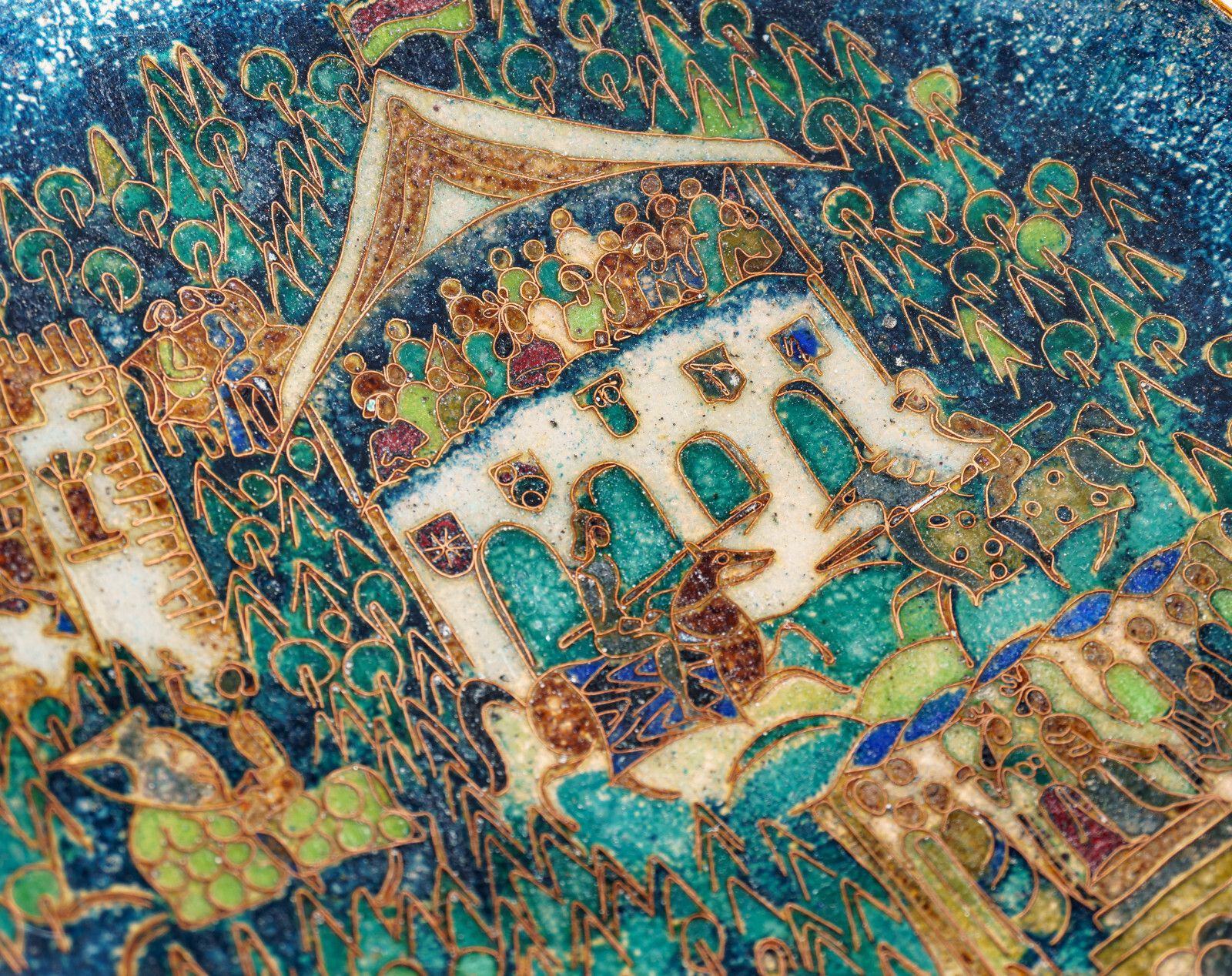 1970s Walter Lochmuller Fine Abstract Medieval Jousting Cloisonne Enamel Dish photo Home Decor