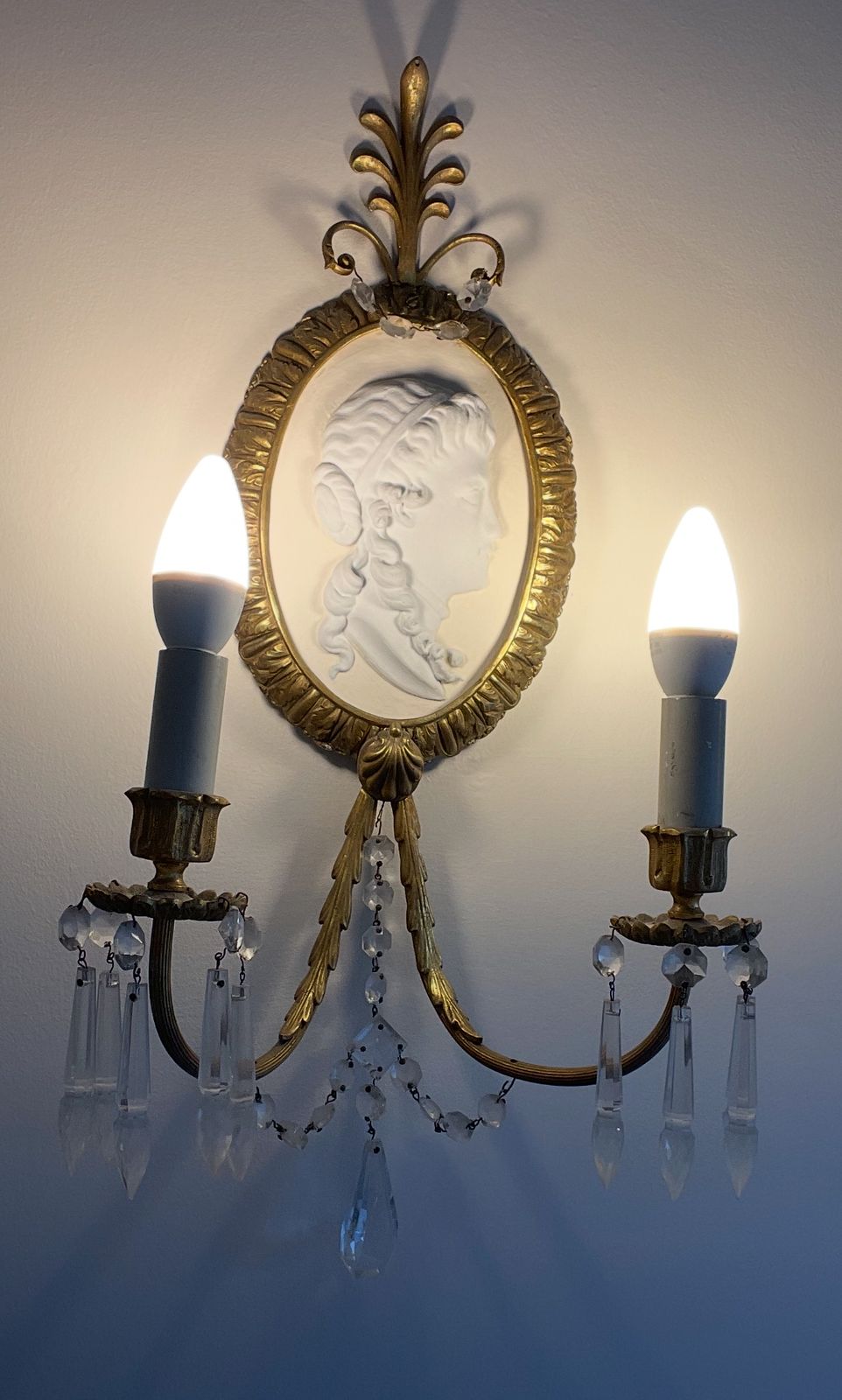 Pair Of Victorian Brass & Crystal Camo Sconces photo 180.0